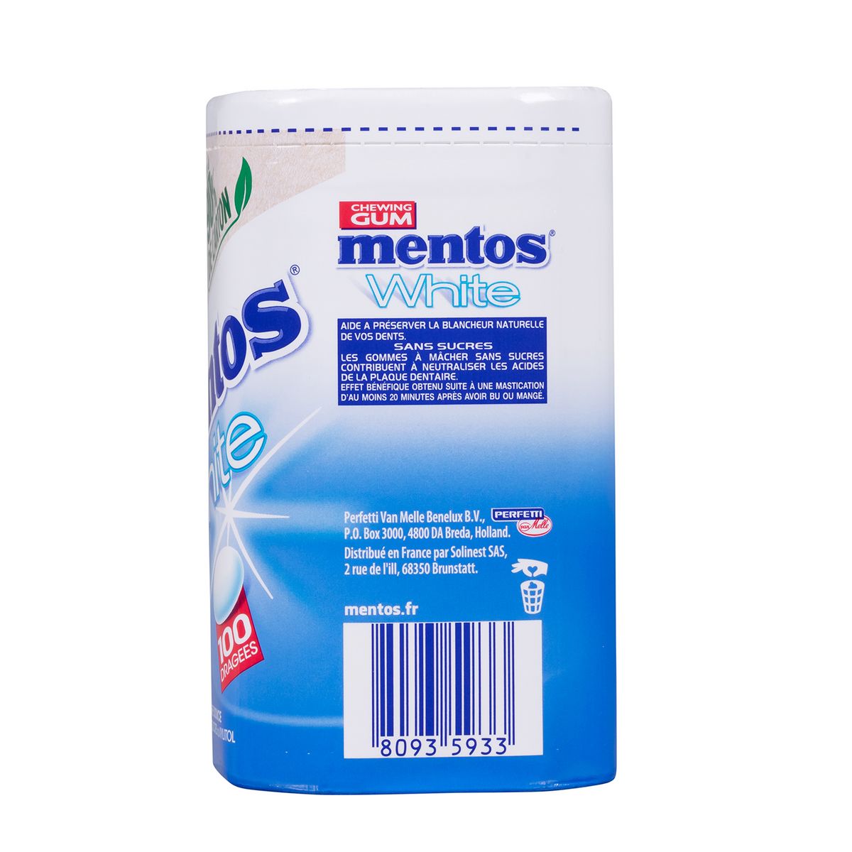 MENTOS White chewing-gum sans sucres menthe douce 100 dragées 150g
