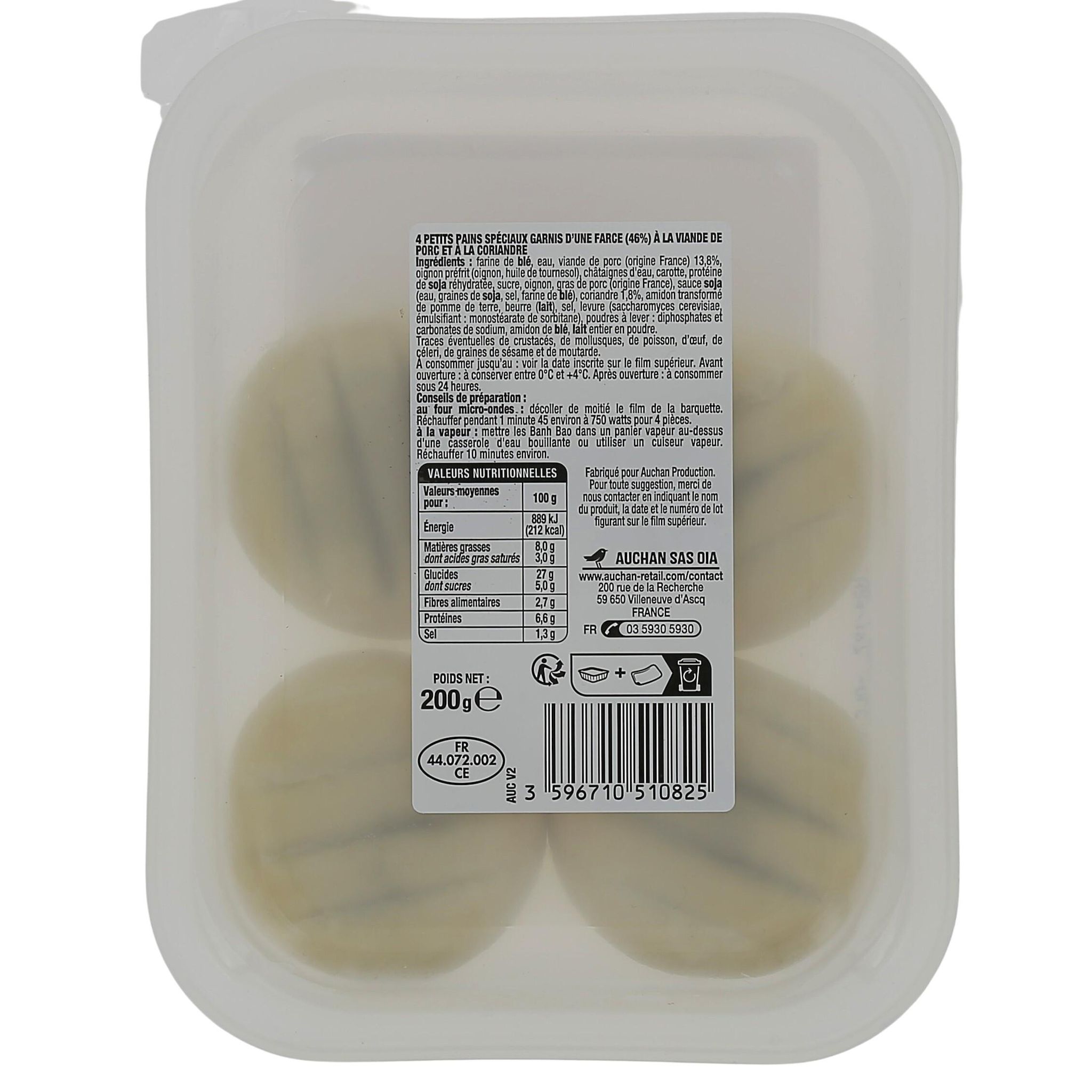 Voir la diapositive 2 : AUCHAN Banh bao au porc et à la coriandre 4 pièces 200g