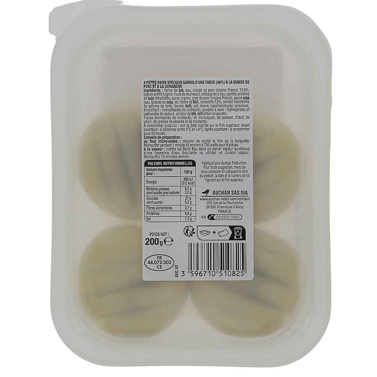 AUCHAN Banh bao au porc et à la coriandre 4 pièces 200g