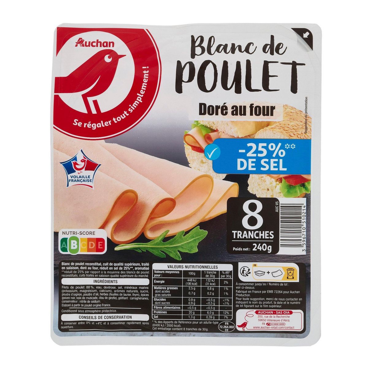AUCHAN Blanc de poulet doré au four réduit en sel 8 tranches 240g