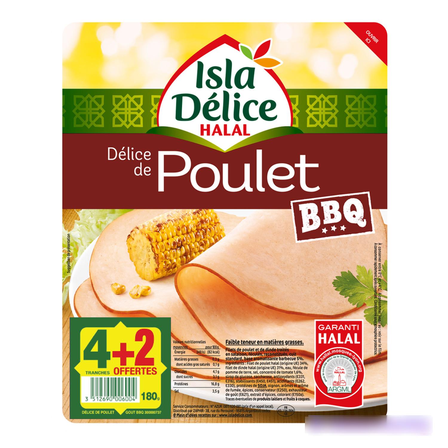 ISLA DELICE Délice de poulet bbq halal 4 tranches + 2 offertes 180g