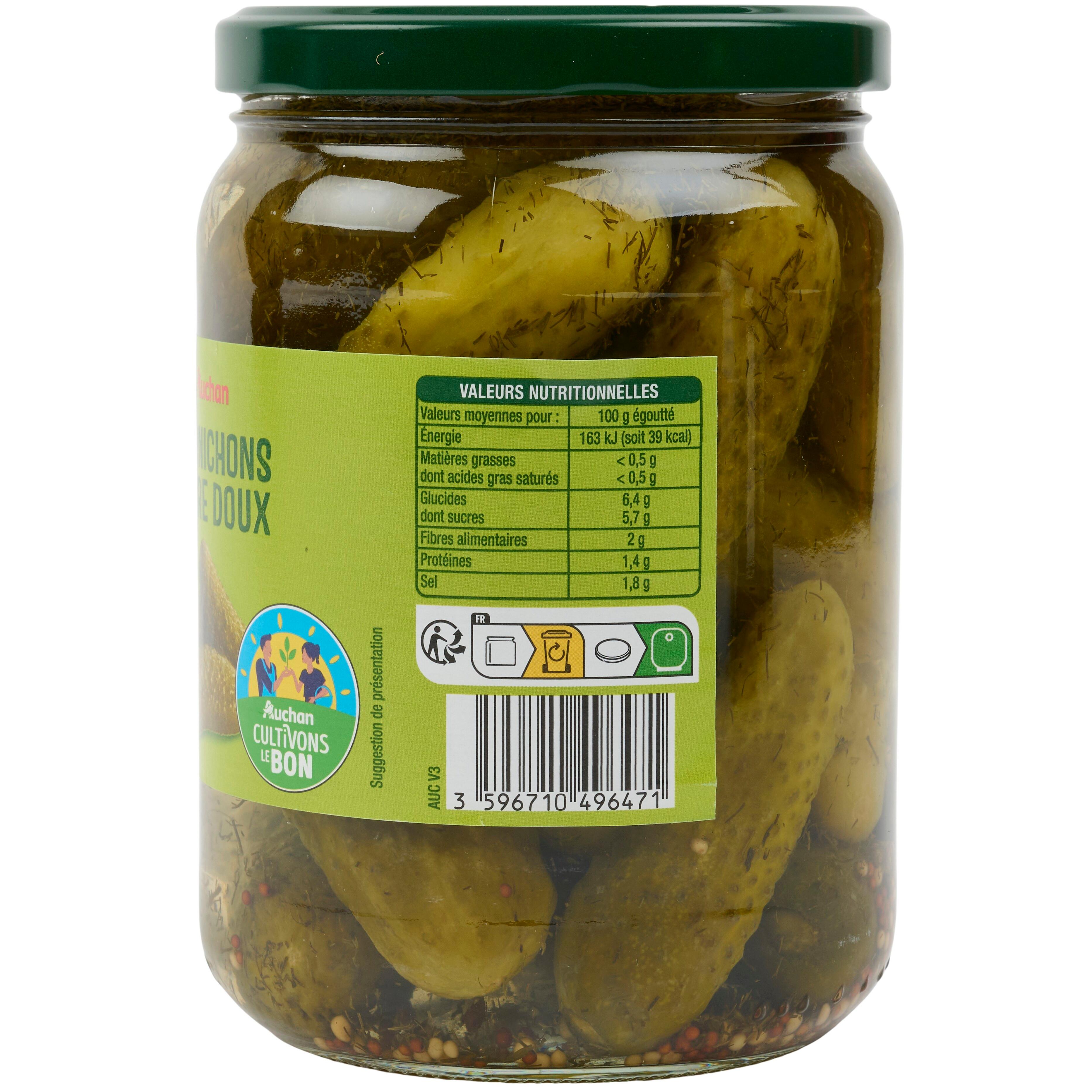 Voir la diapositive 3 : AUCHAN Cornichons aigre doux 425g