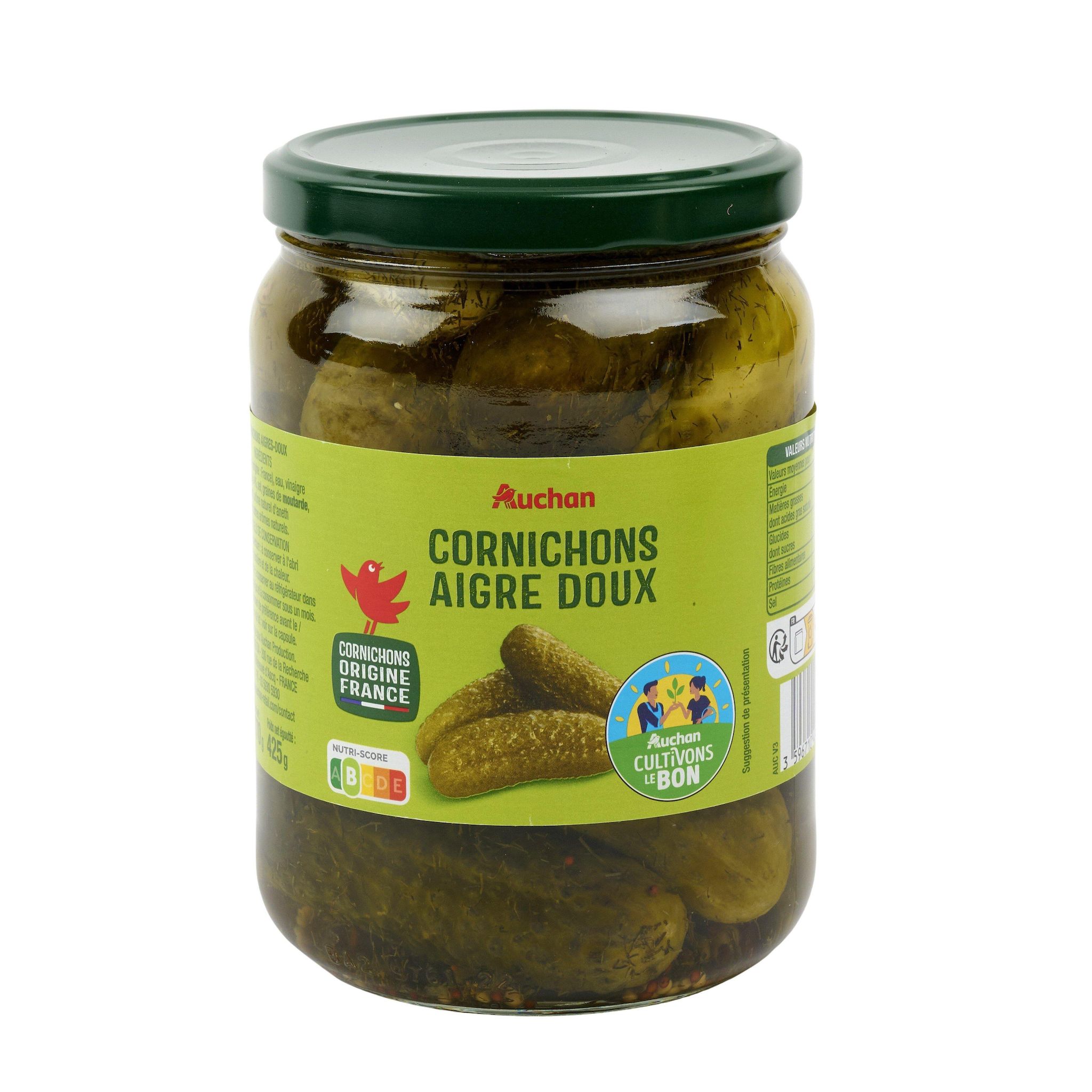 Voir la diapositive 3 : AUCHAN Cornichons aigre doux 425g