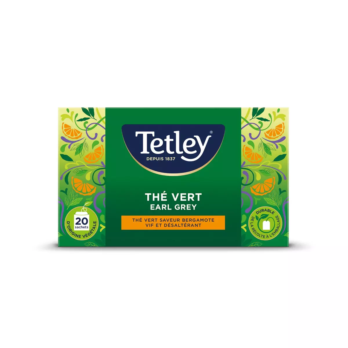 TETLEY Thé vert earl grey vif et désaltérant 20 sachets 35g