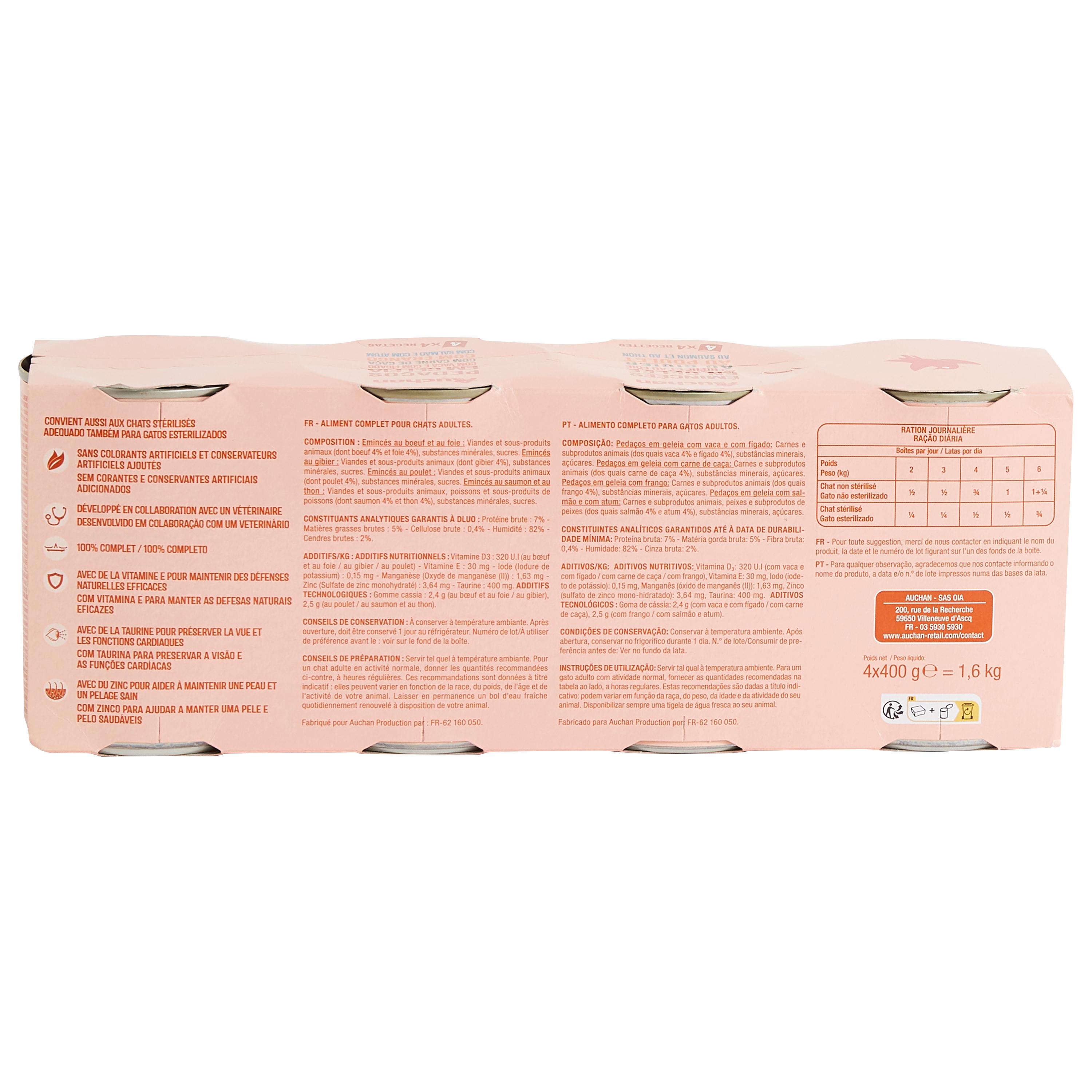Voir la diapositive 2 : AUCHAN Emincés en gelée multi-variétés pour chat 4 boîtes 4x400g