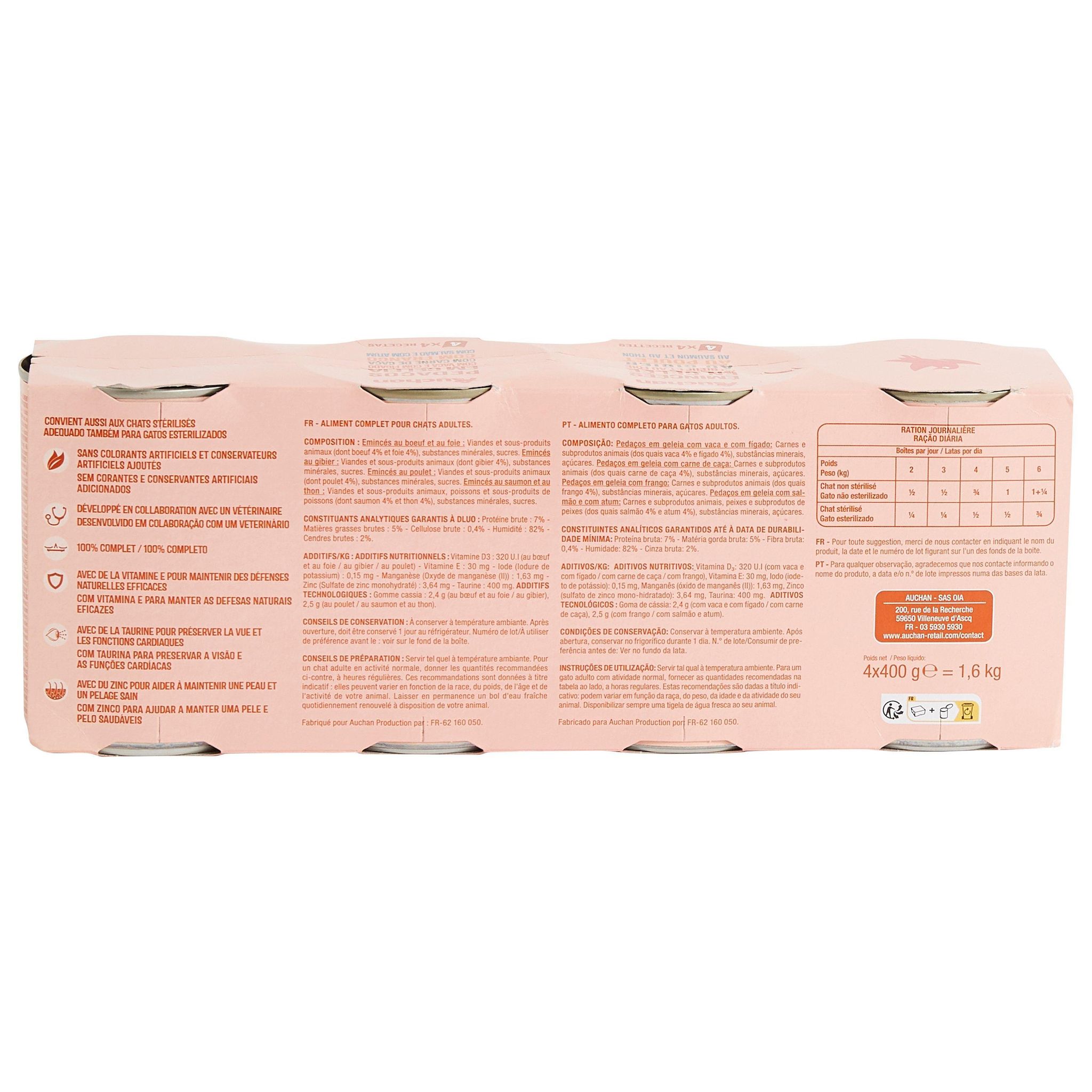 Voir la diapositive 2 : AUCHAN Emincés en gelée multi-variétés pour chat 4 boîtes 4x400g