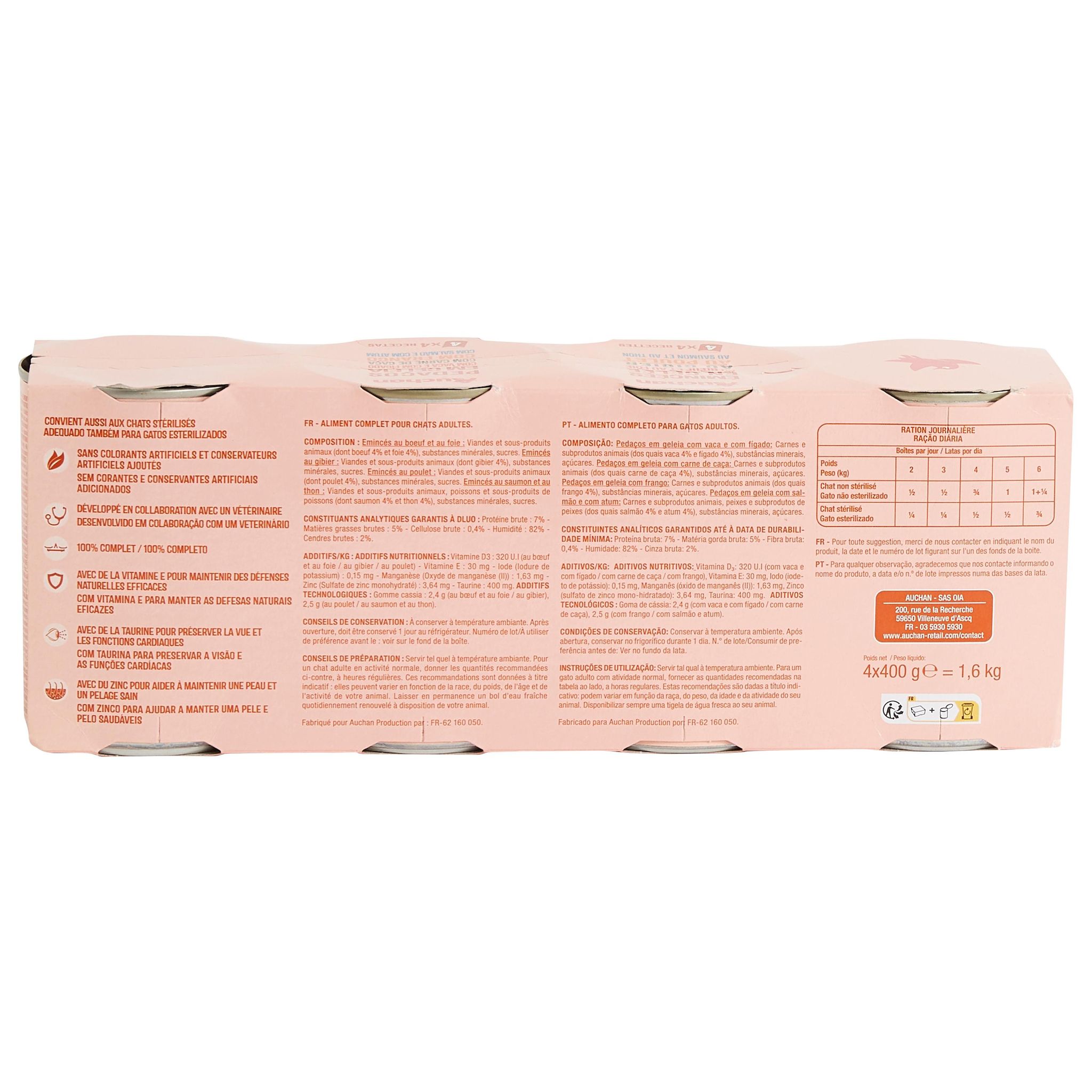 Voir la diapositive 3 : AUCHAN Emincés en gelée multi-variétés pour chat 4 boîtes 4x400g