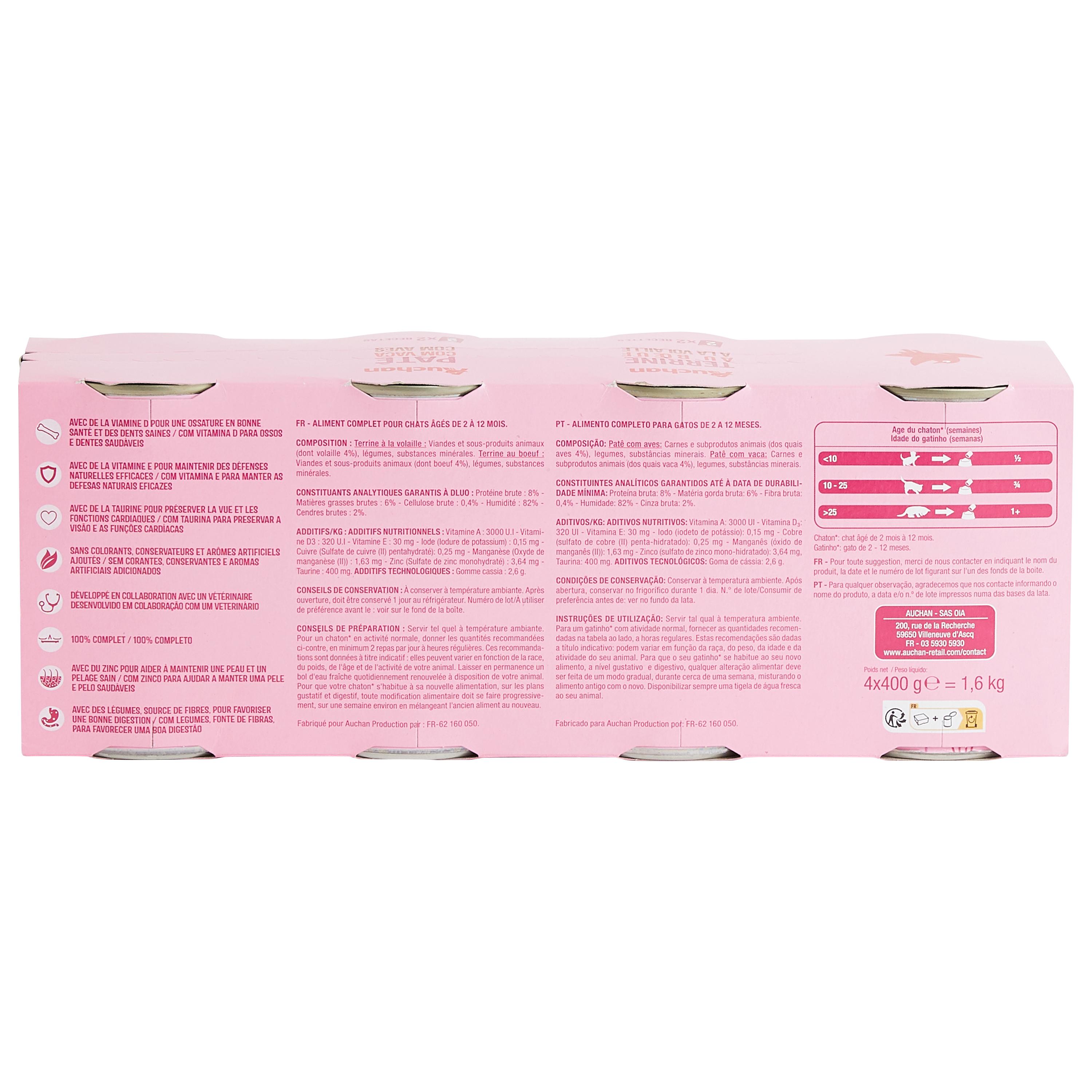 Voir la diapositive 2 : AUCHAN Terrines au bœuf à la volaille pour chaton 4 boîtes 4x400g