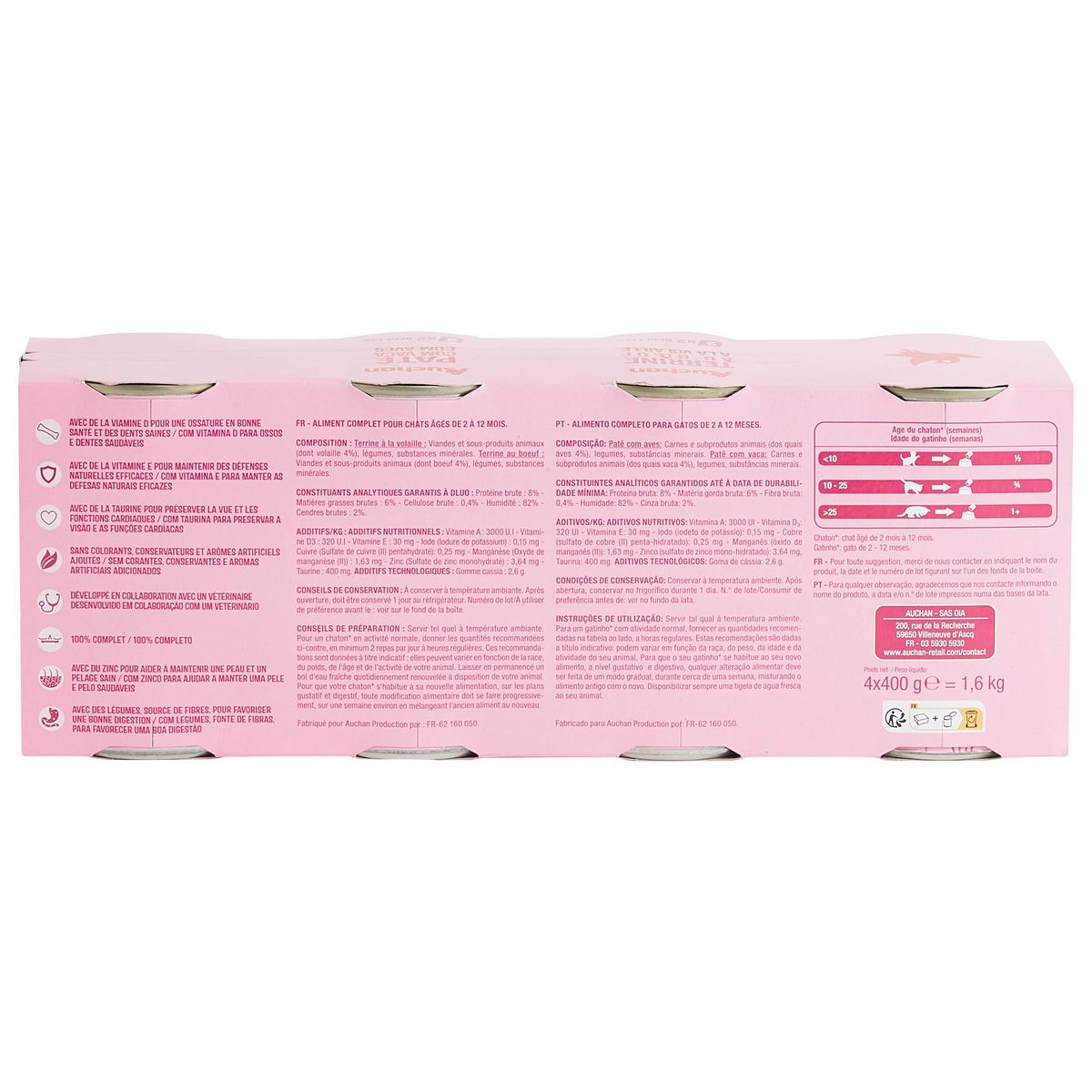 AUCHAN Terrines au bœuf à la volaille pour chaton 4 boîtes 4x400g