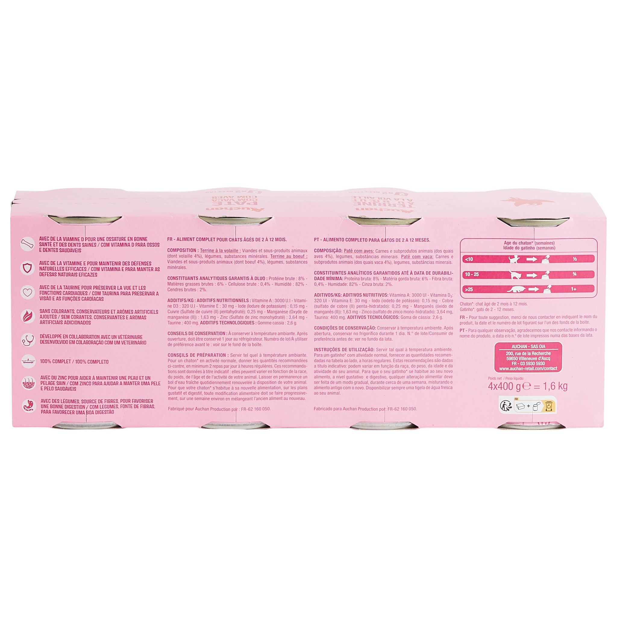 Voir la diapositive 2 : AUCHAN Terrines au bœuf à la volaille pour chaton 4 boîtes 4x400g