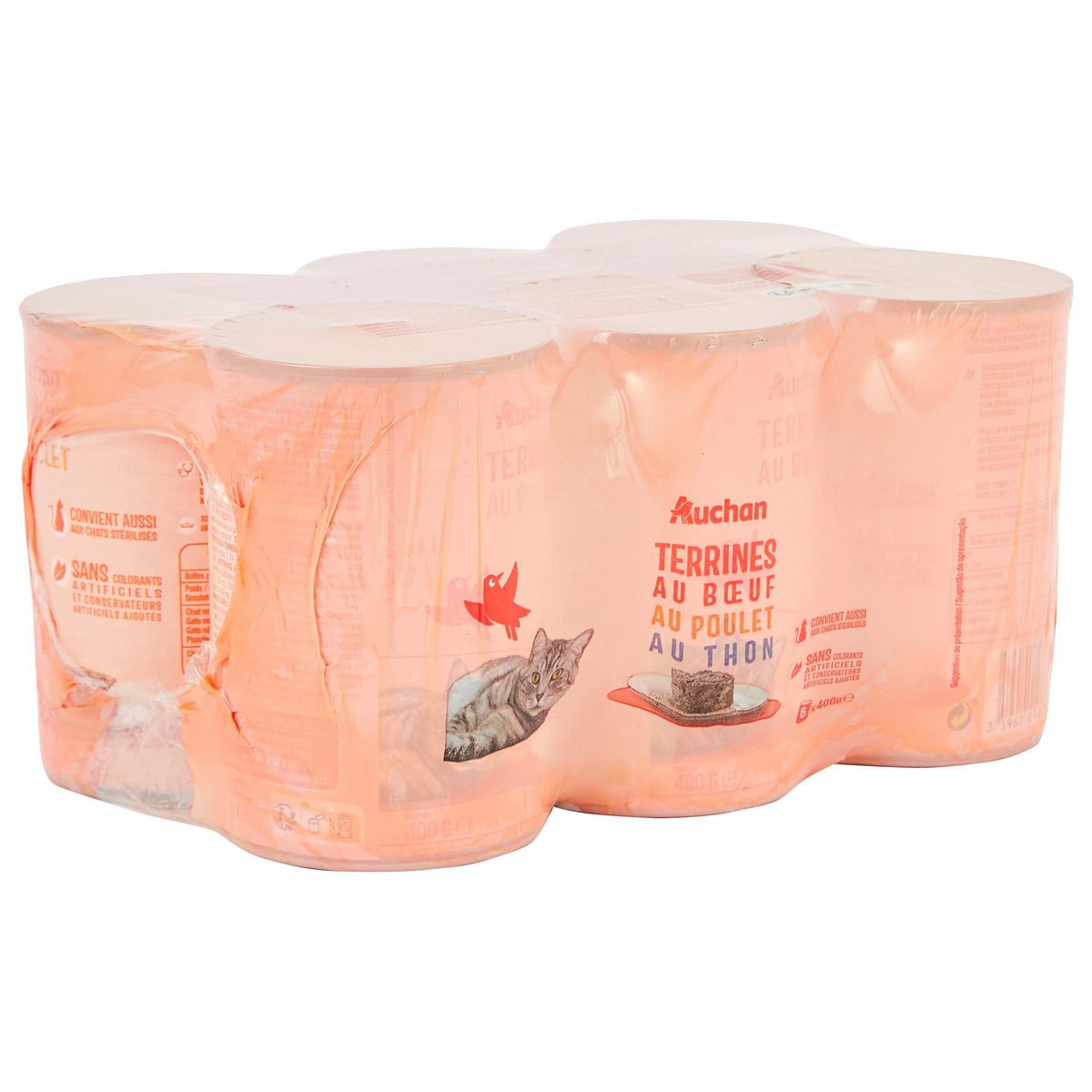 AUCHAN Terrines multi-variétés bœuf poulet thon pour chat 6 boîtes 6x400g