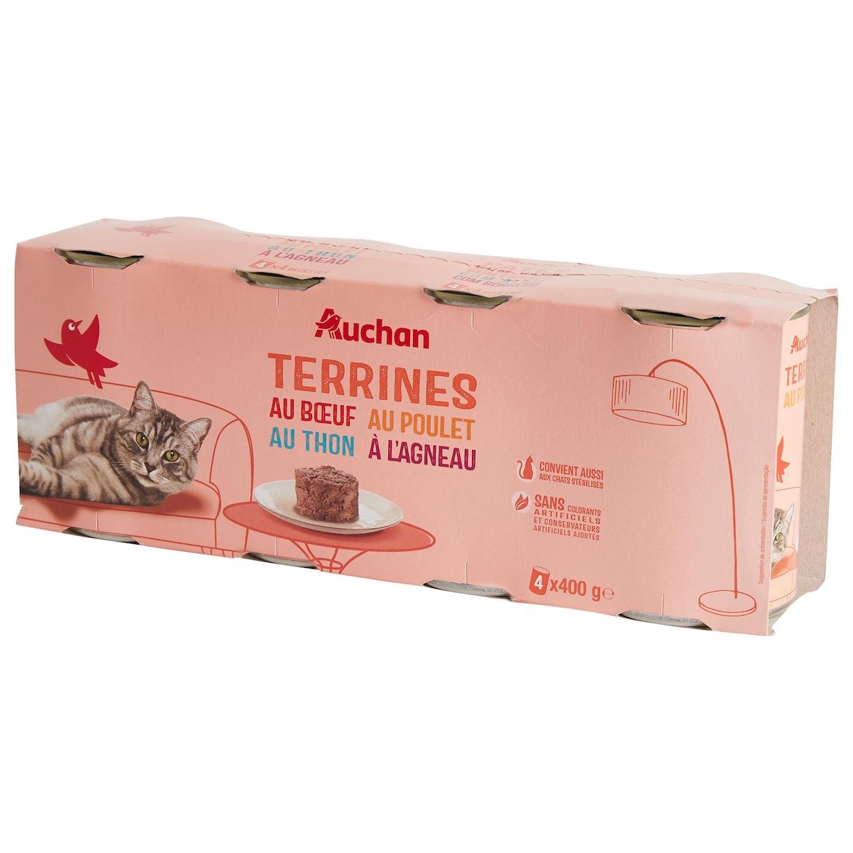 AUCHAN Terrines à la viande et au poisson en boite pour chat 4x400g