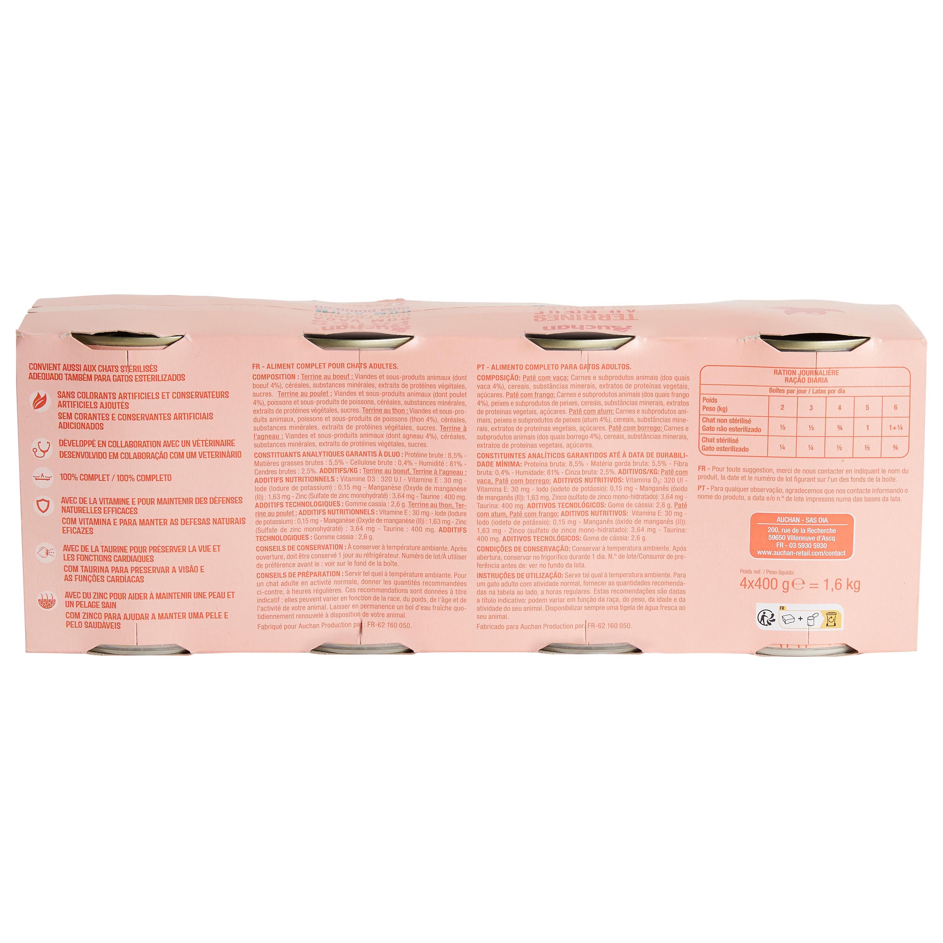 Voir la diapositive 3 : AUCHAN Terrines à la viande et au poisson en boite pour chat 4x400g