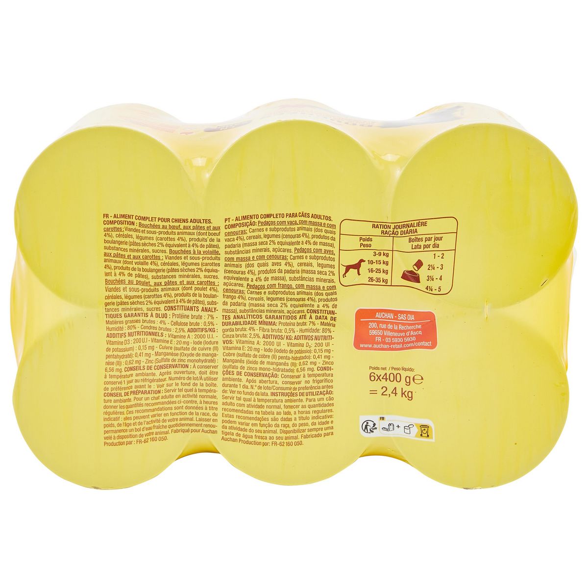 AUCHAN Boites bouchées en sauce à la viande pour chien 6 boîtes 6x400g