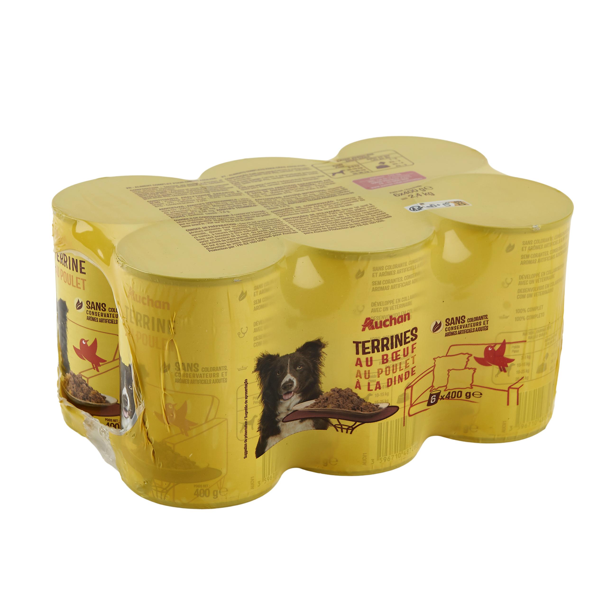 Voir la diapositive 2 : AUCHAN Boites terrines à la viande boite pour chien 6 Boîtes 6x400g