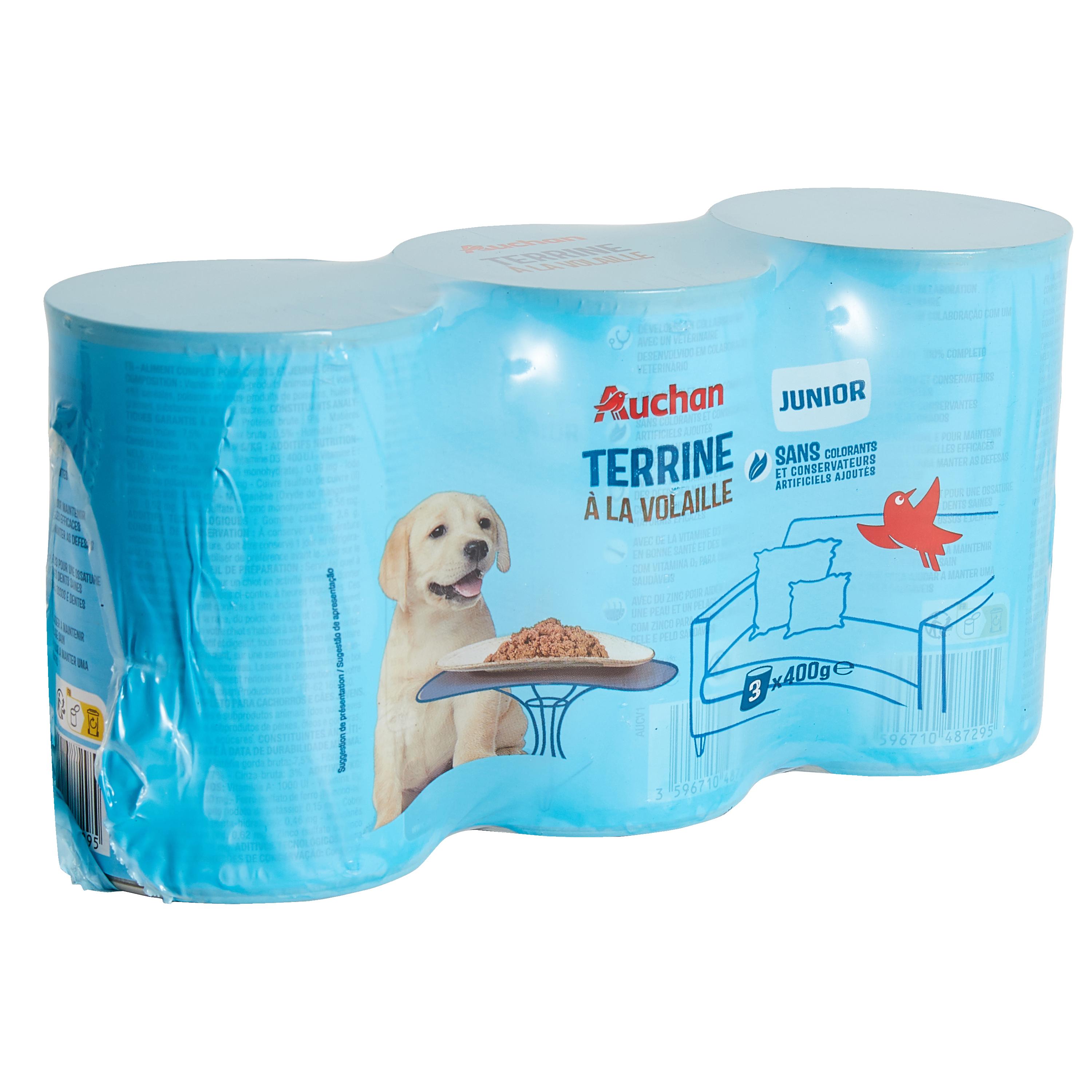 Voir la diapositive 2 : AUCHAN Boîtes terrine à la volaille pour chiot 3 boîtes 3x400g