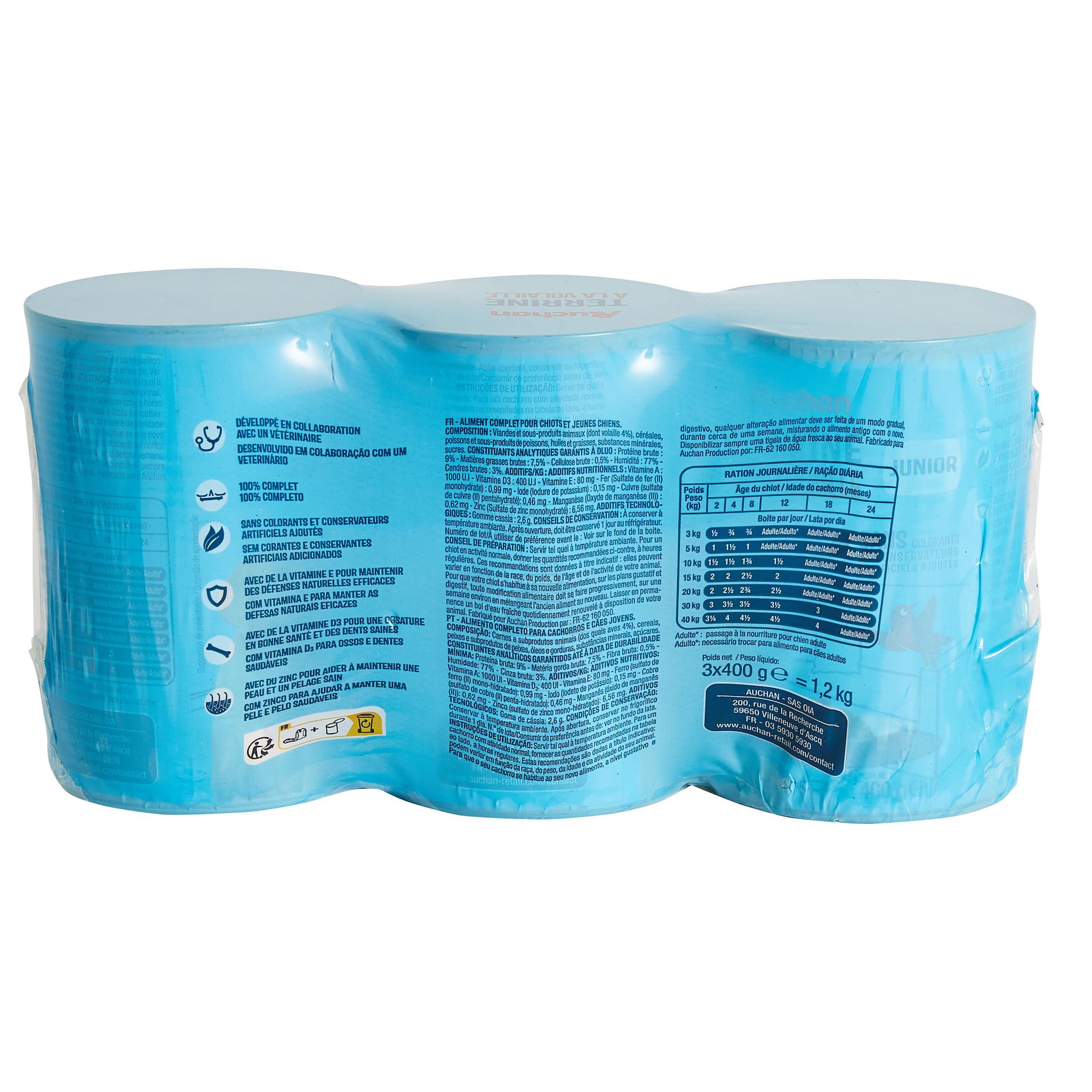 Voir la diapositive 2 : AUCHAN Boîtes terrine à la volaille pour chiot 3 boîtes 3x400g