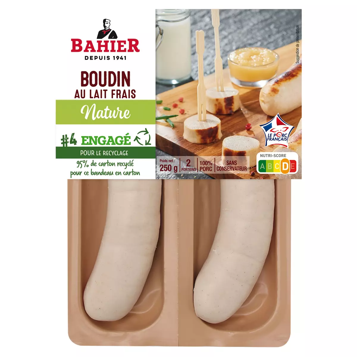 BAHIER Boudin nature au lait frais 2 pièces 250g