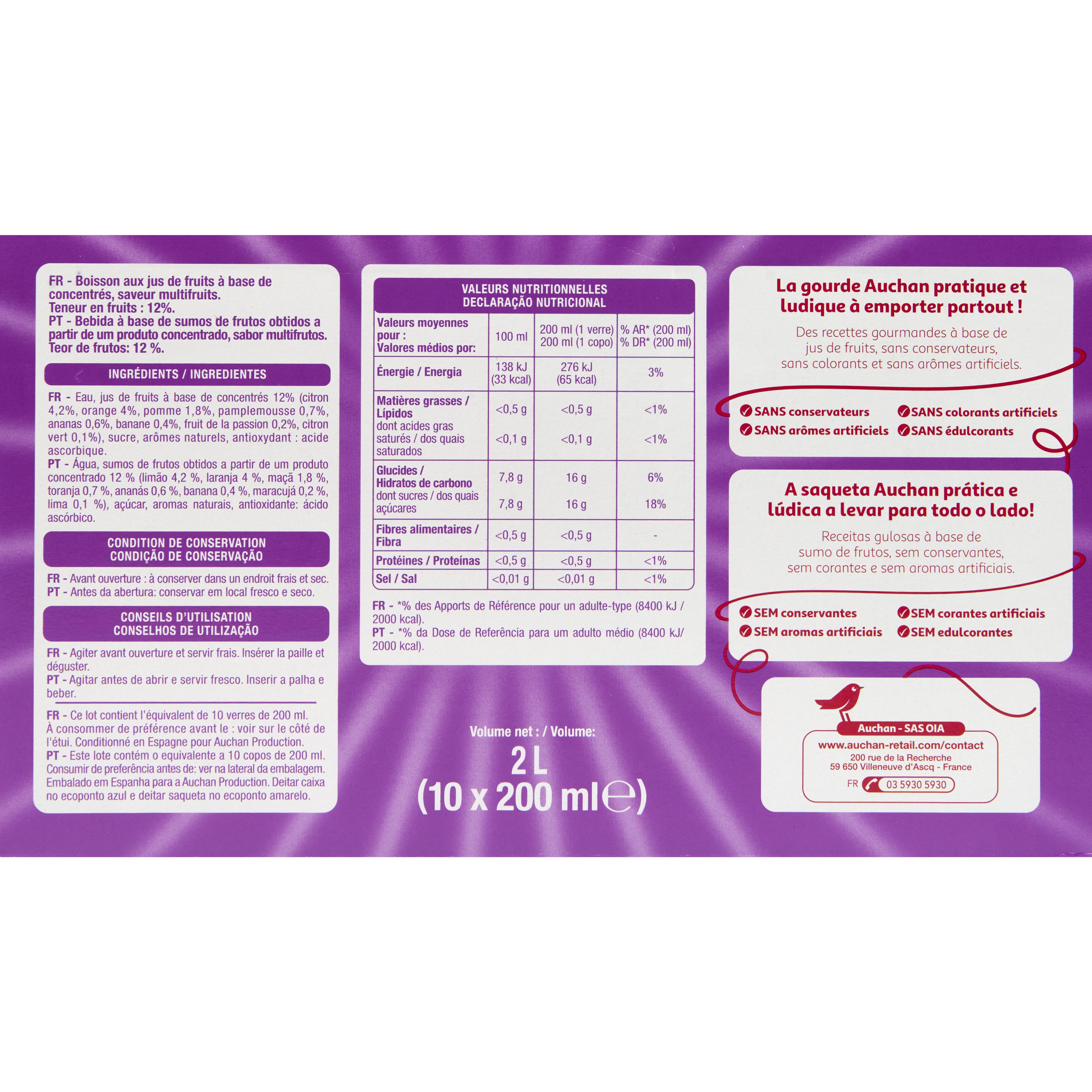 Voir la diapositive 2 : AUCHAN Boisson aux jus de fruits goût multifruits poches 10x20cl