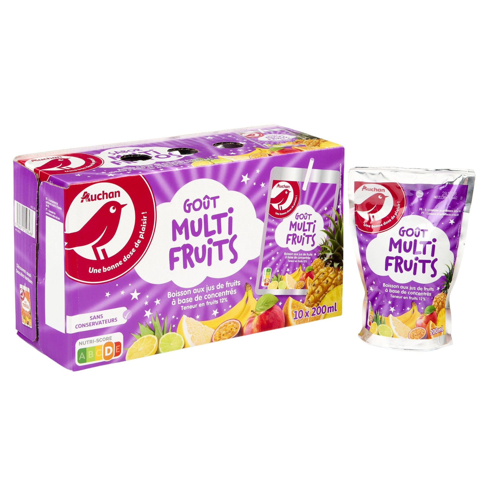 Voir la diapositive 2 : AUCHAN Boisson aux jus de fruits goût multifruits poches 10x20cl