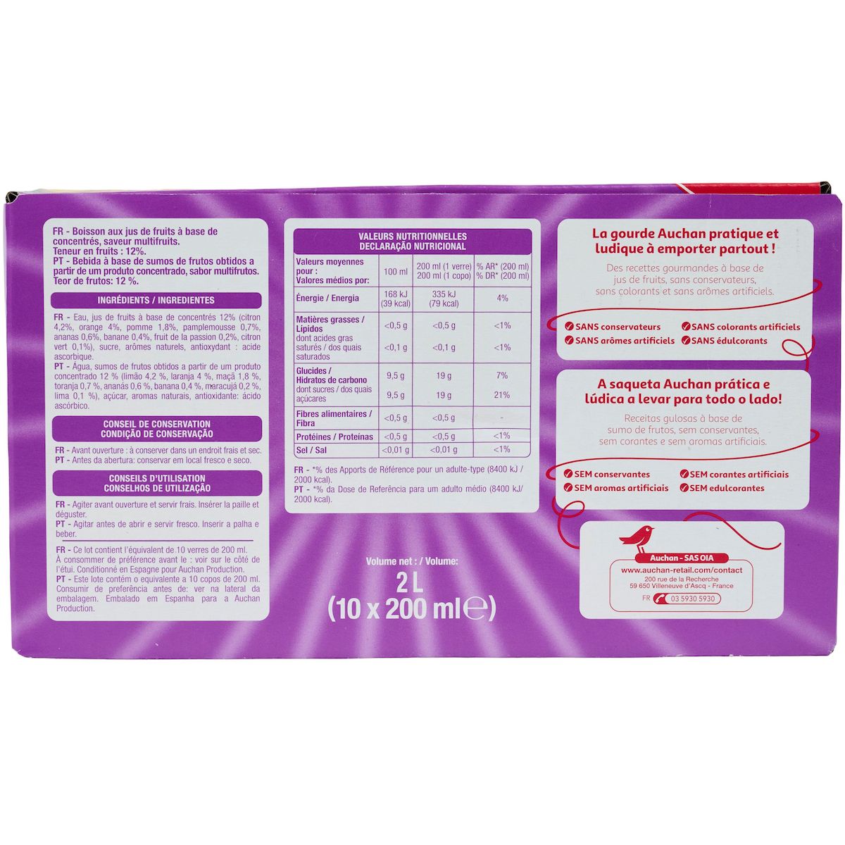 AUCHAN Boisson aux jus de fruits goût multifruits poches 10x20cl