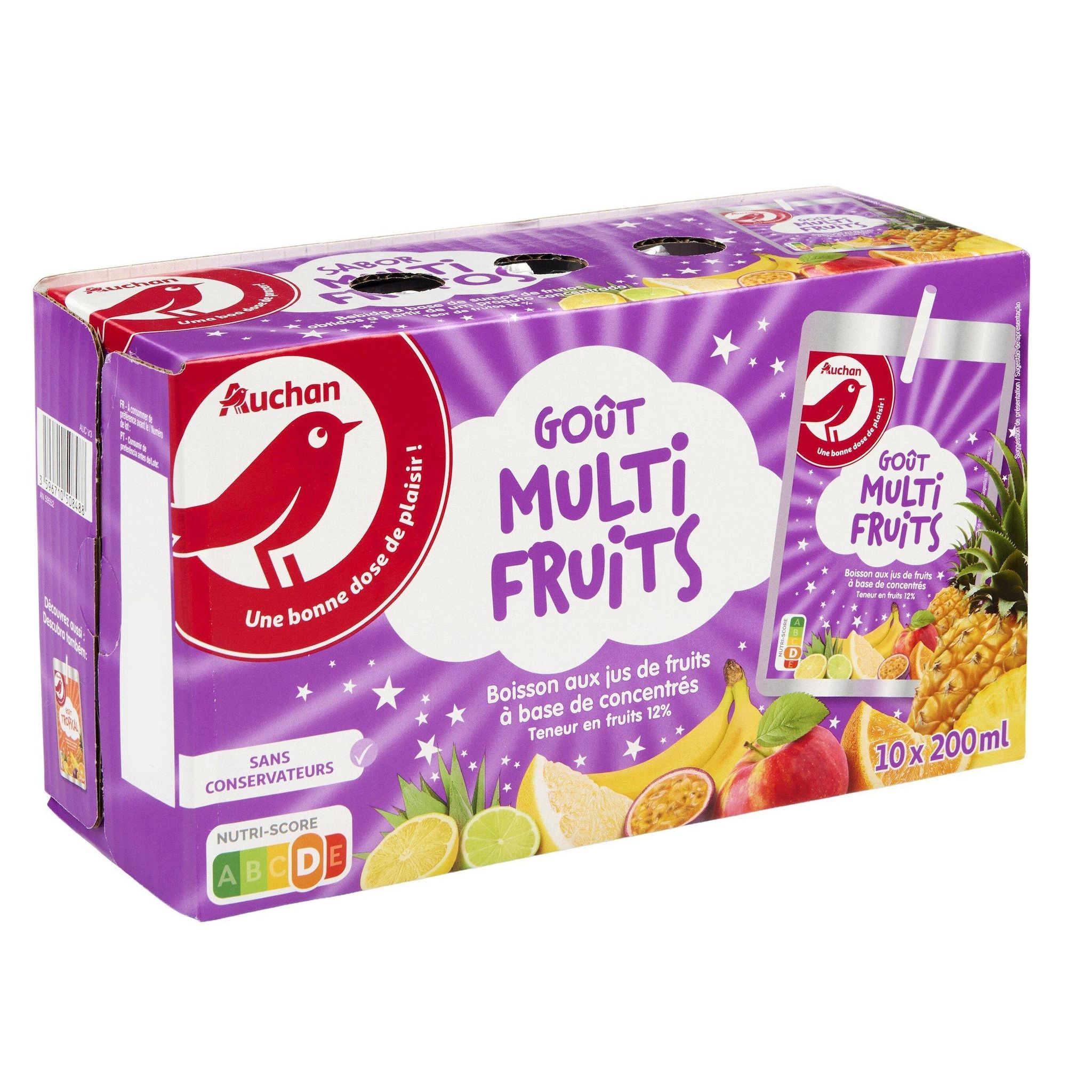 Voir la diapositive 3 : AUCHAN Boisson aux jus de fruits goût multifruits poches 10x20cl