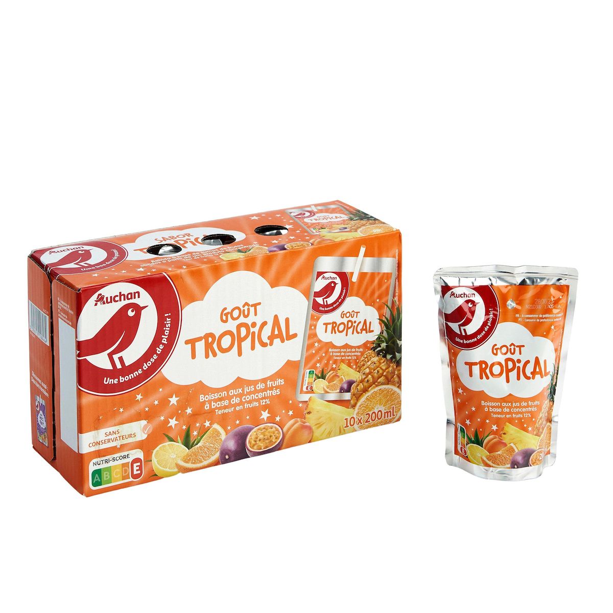 AUCHAN Boisson aux jus de fruits goût tropical poches 10x20cl