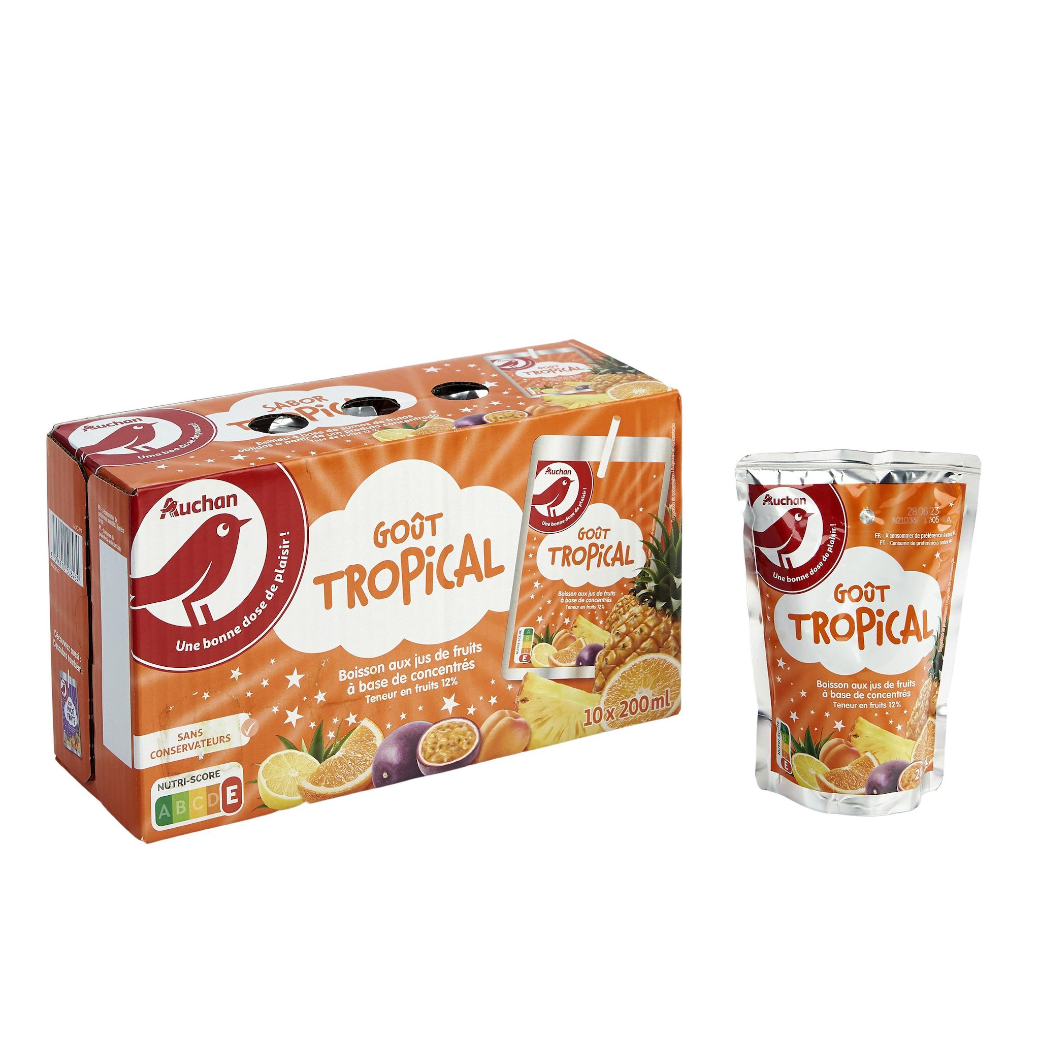 Voir la diapositive 3 : AUCHAN Boisson aux jus de fruits goût tropical poches 10x20cl