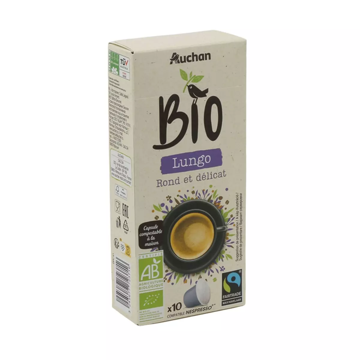 AUCHAN BIO Café en capsules Lungo rond et délicat compatibles Nespresso 10 capsules 52g