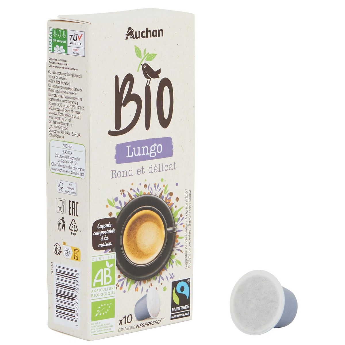 AUCHAN BIO Café en capsules Lungo rond et délicat compatibles Nespresso 10 capsules 52g