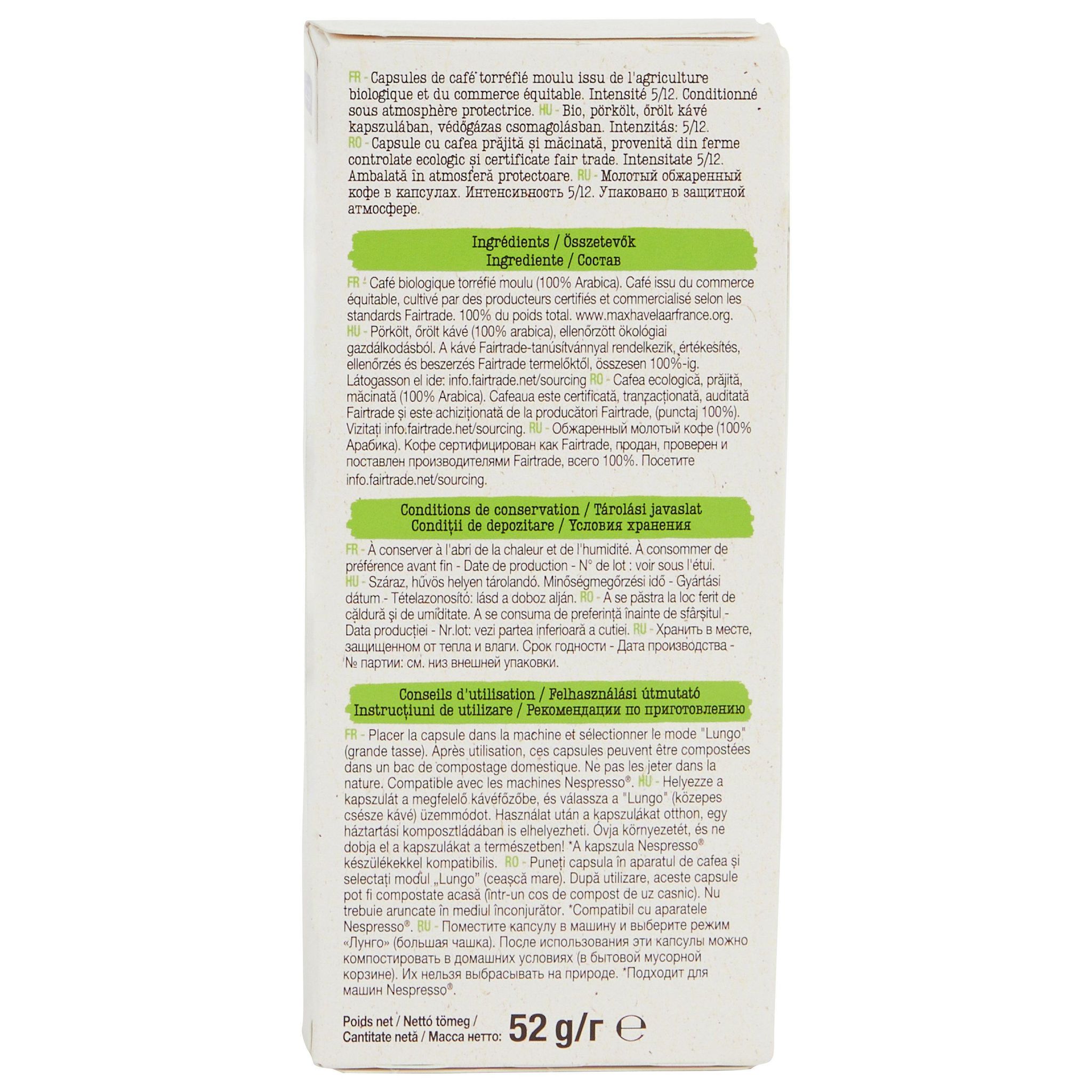 Voir la diapositive 3 : AUCHAN BIO Café en capsules Lungo rond et délicat compatibles Nespresso 10 capsules 52g