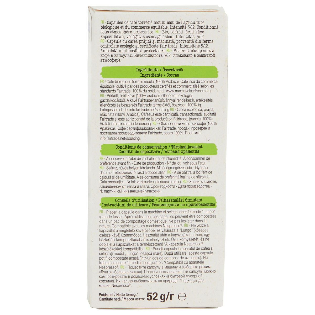 AUCHAN BIO Café en capsules Lungo rond et délicat compatibles Nespresso 10 capsules 52g