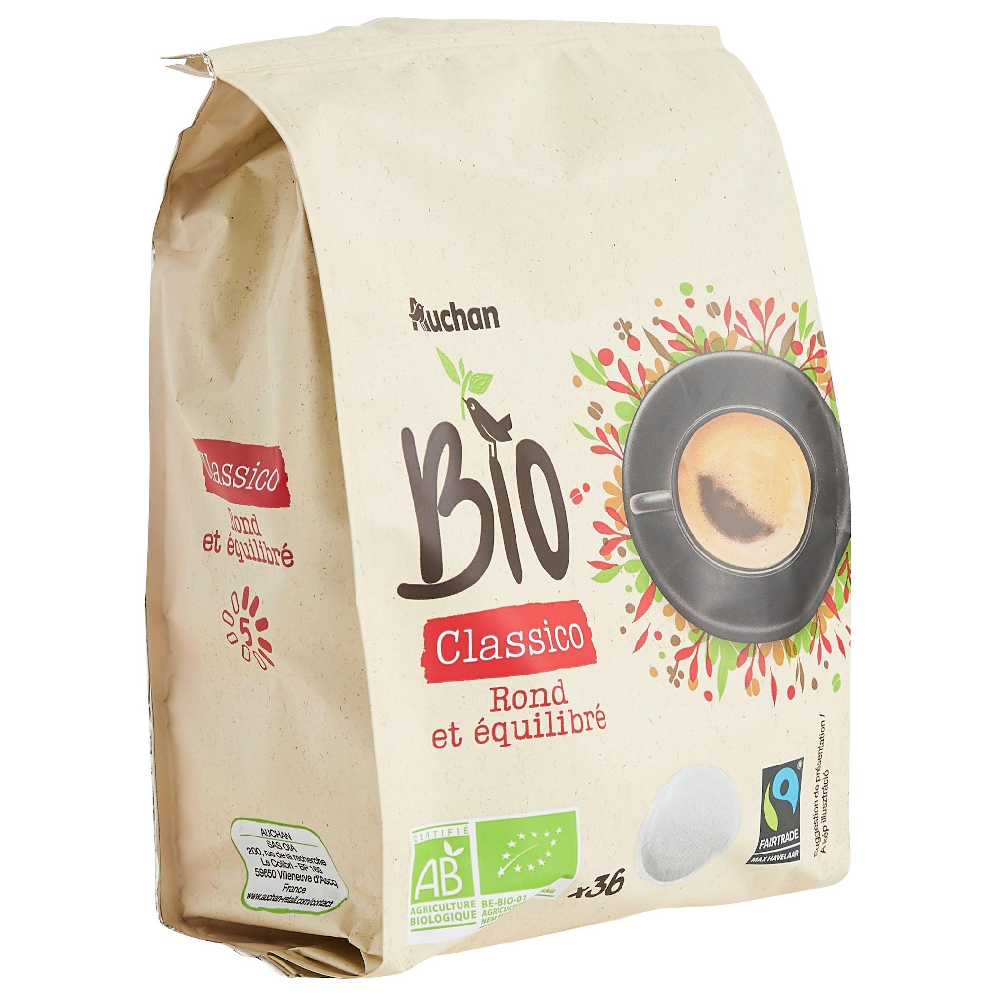 Voir la diapositive 3 : AUCHAN BIO Dosettes de café classico rond et équilibré compatibles Senseo 36 dosettes 248g