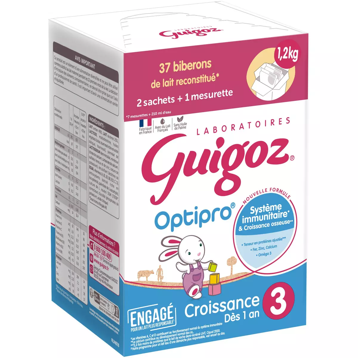GUIGOZ Optipro Lait de croissance 3 en poudre avec mesurette dès 1 an 2x600g