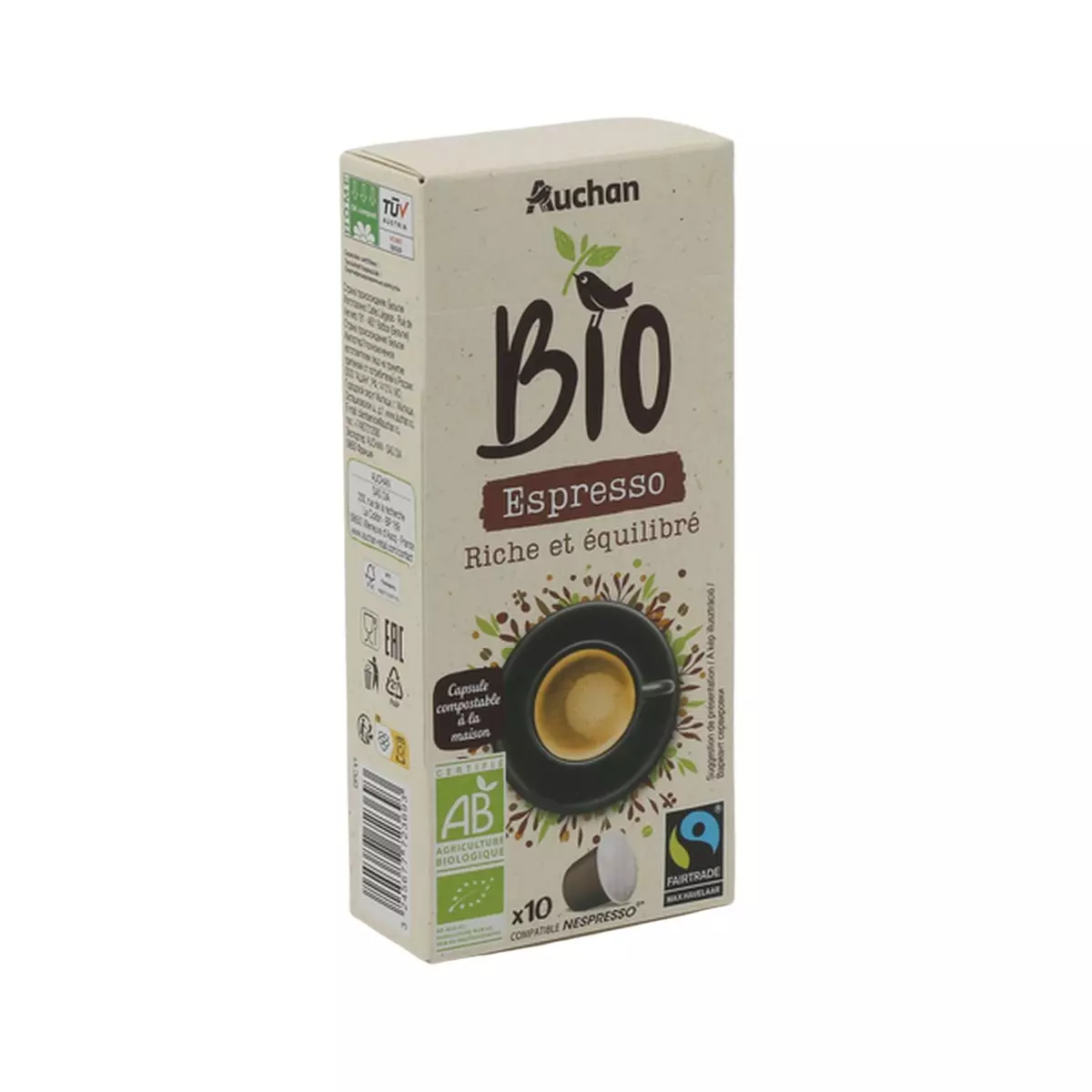 AUCHAN BIO Café en capsules Espresso riche et équilibré compatibles Nespresso 10 capsules 52g