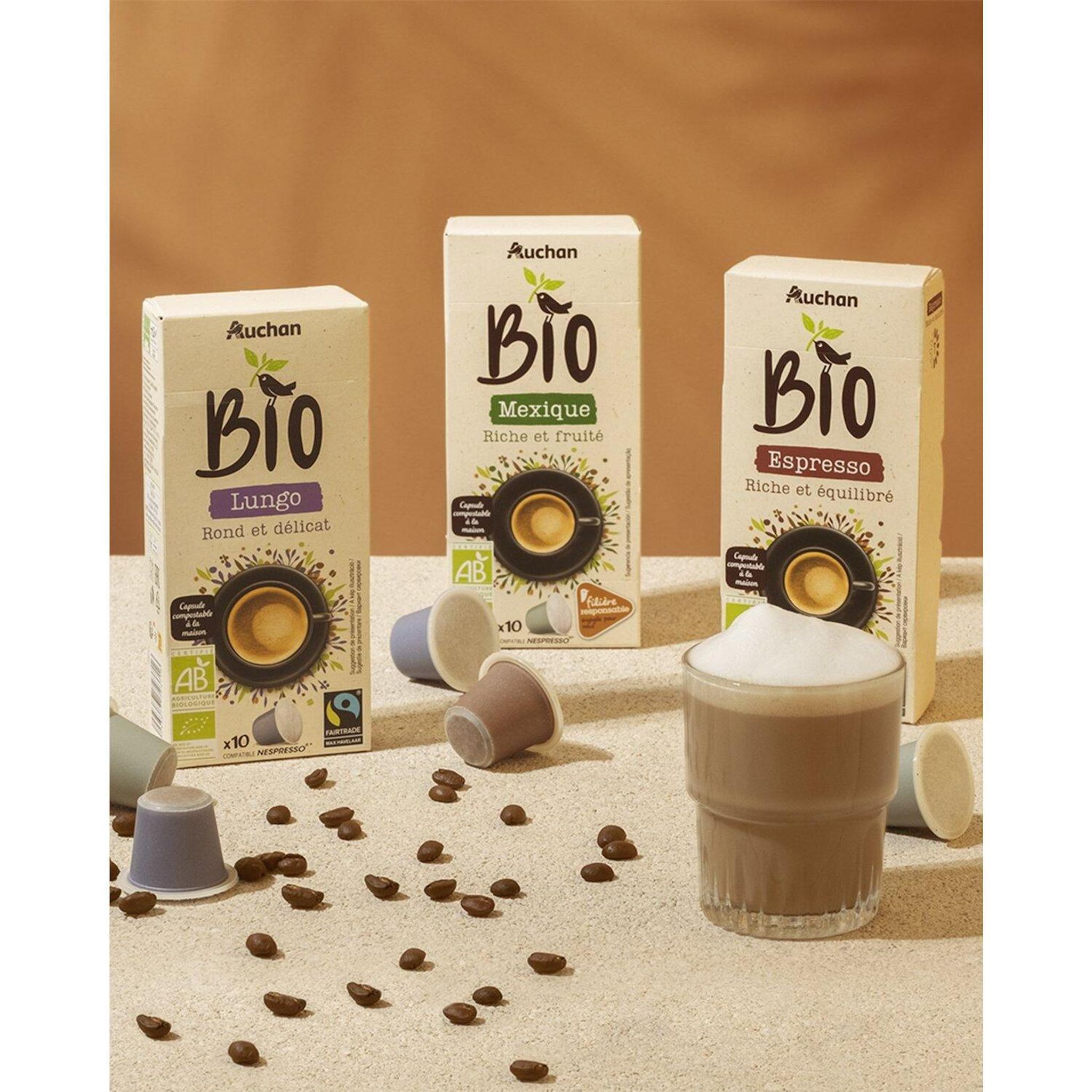 Voir la diapositive 3 : AUCHAN BIO Café en capsules Espresso riche et équilibré compatibles Nespresso 10 capsules 52g