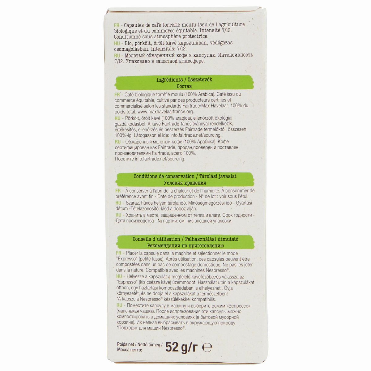 AUCHAN BIO Café en capsules Espresso riche et équilibré compatibles Nespresso 10 capsules 52g