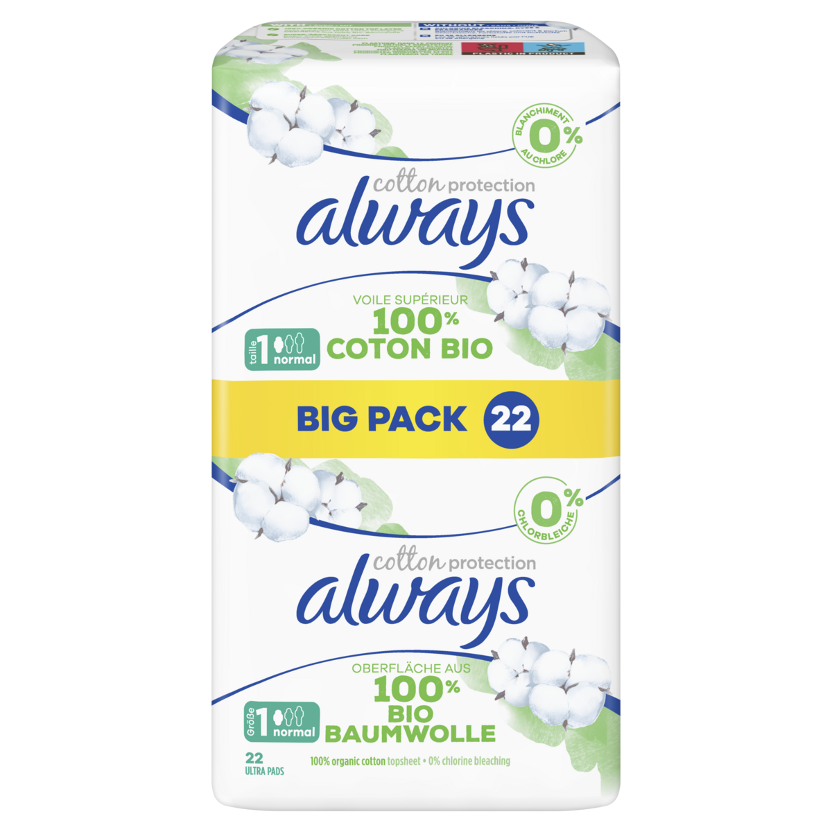 ALWAYS Serviettes hygiéniques 100% coton bio normal 22 serviettes