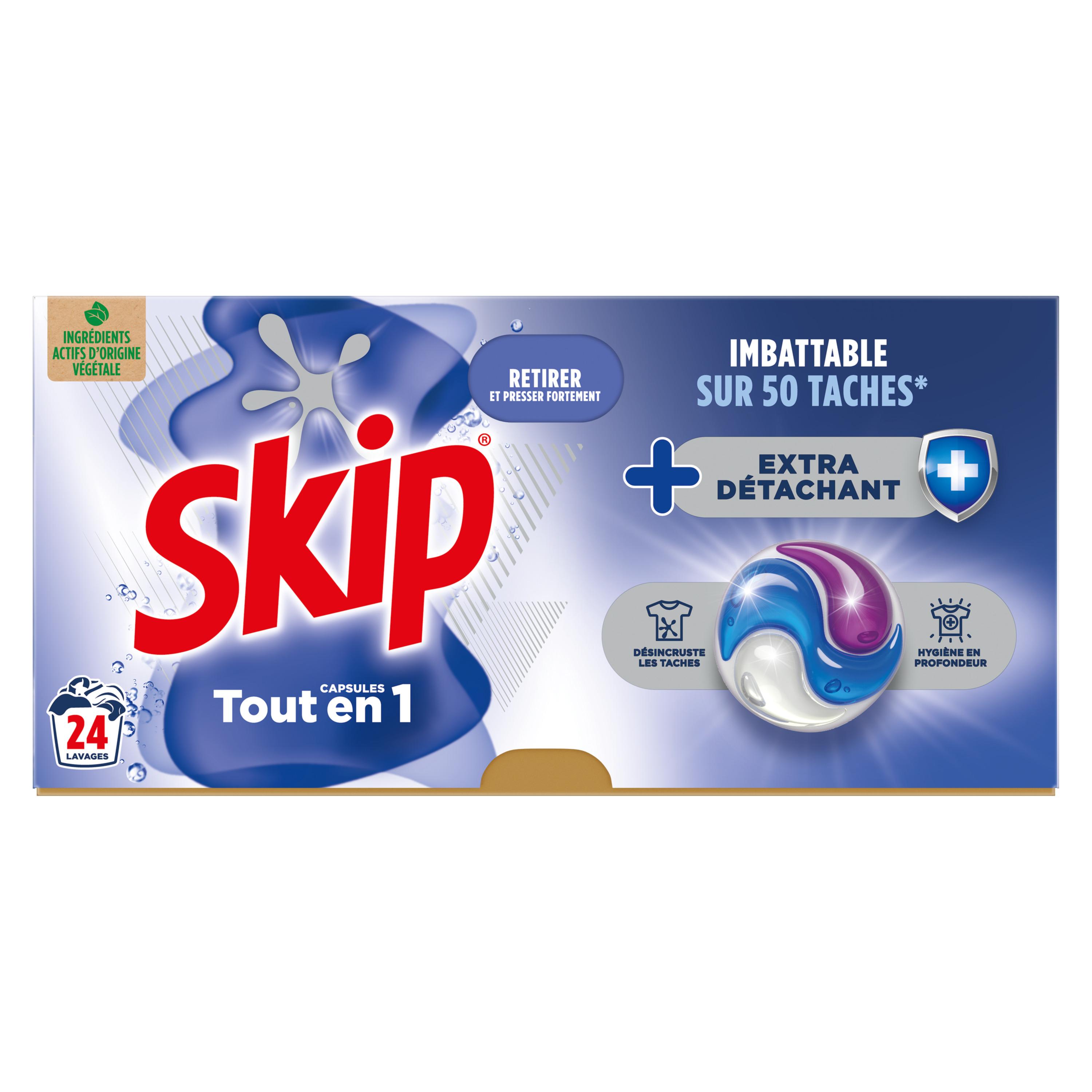 Voir la diapositive 2 : SKIP Lessive capsules Tout en 1 Extra Détachant 24 lavages 24 capsules