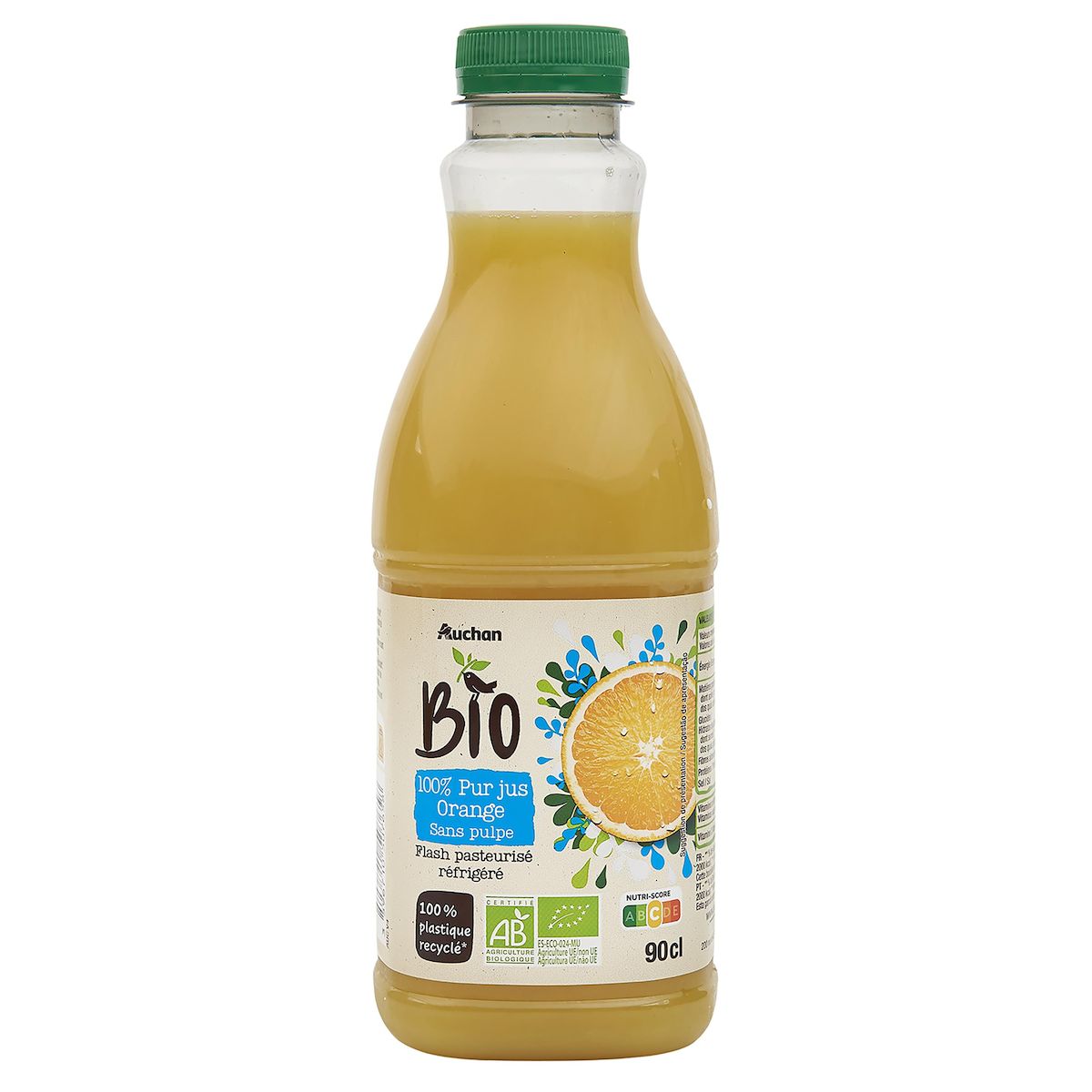 AUCHAN BIO 100% pur jus orange sans pulpe 90cl