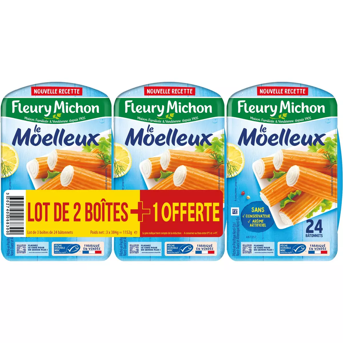FLEURY MICHON Le Moelleux bâtonnet de surimi  2 boîtes +1 offerte 3x384g
