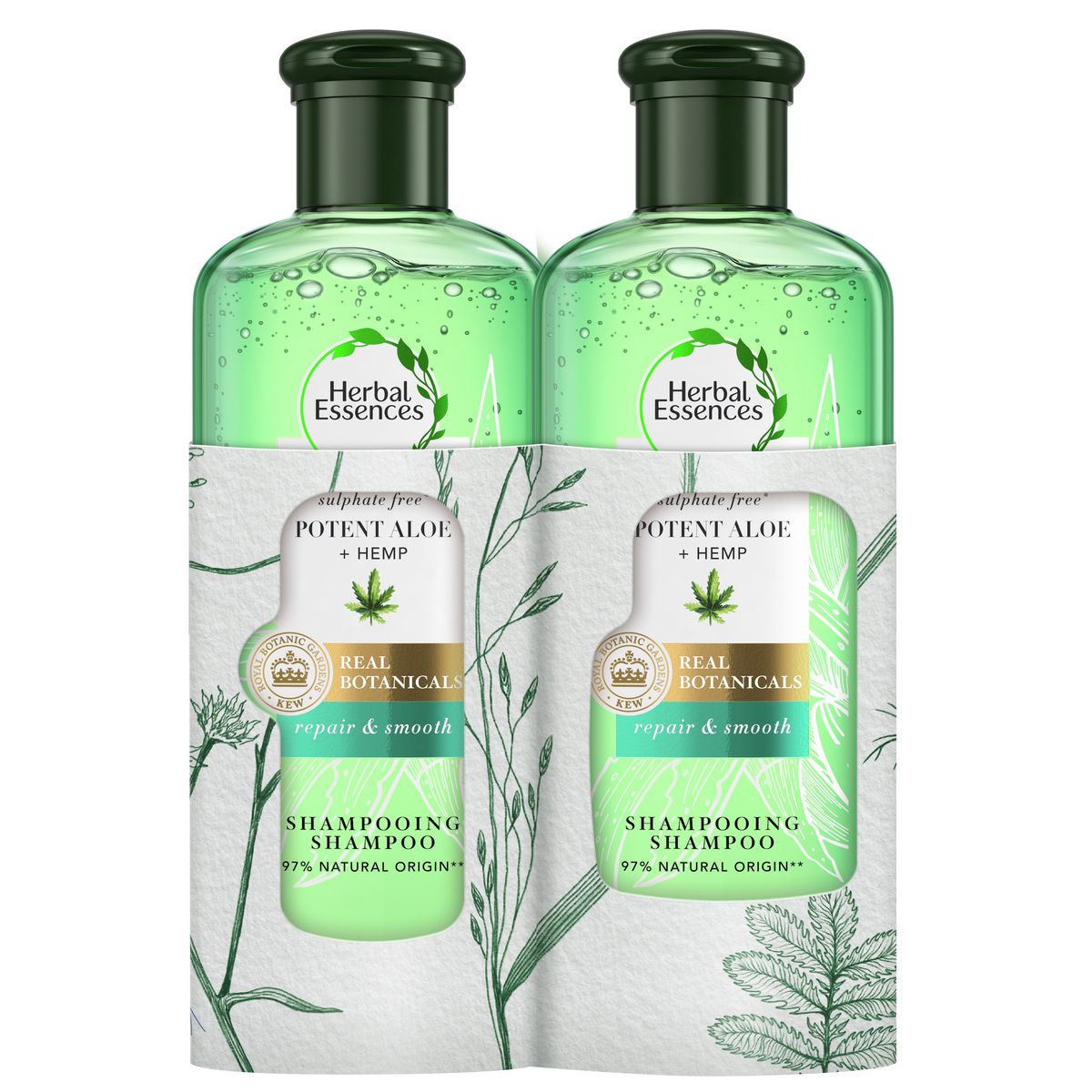 HERBAL ESSENCES Shampooing réparateur et lissant à l'aloe et chanvre 2x225ml