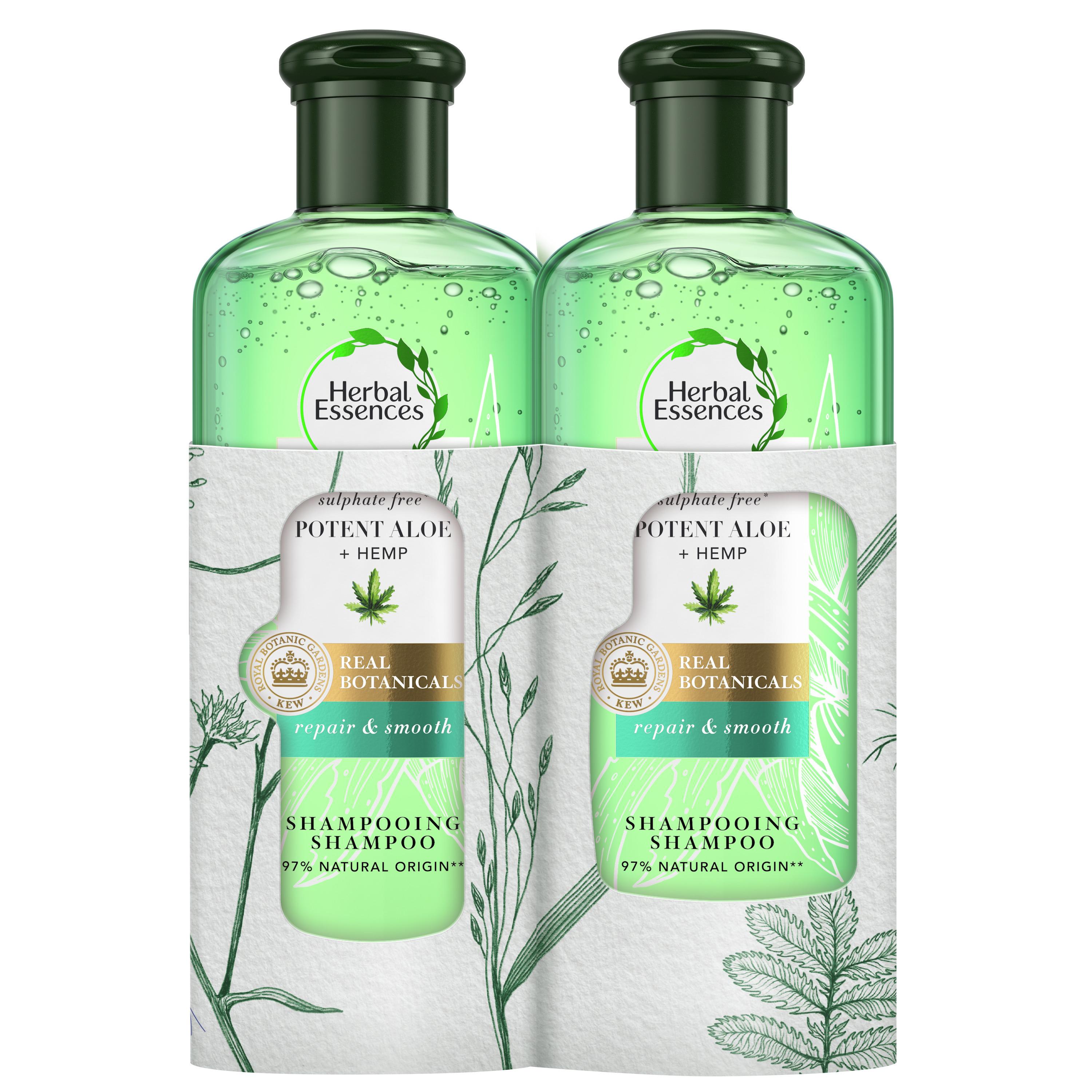 Voir la diapositive 2 : HERBAL ESSENCES Shampooing réparateur et lissant à l'aloe et chanvre 2x225ml