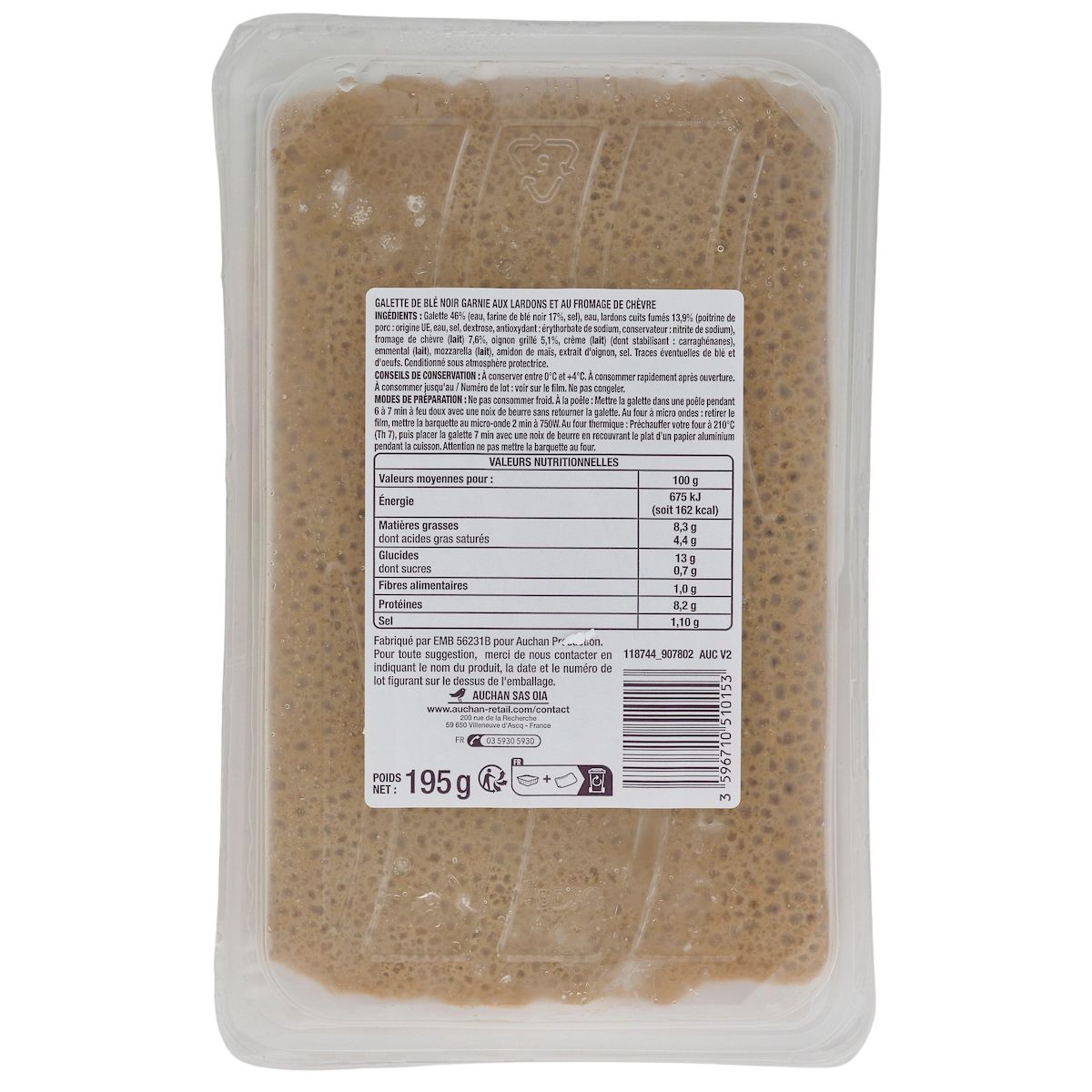 AUCHAN Galette de blé noir au chèvre lardons oignons 1 part 195g