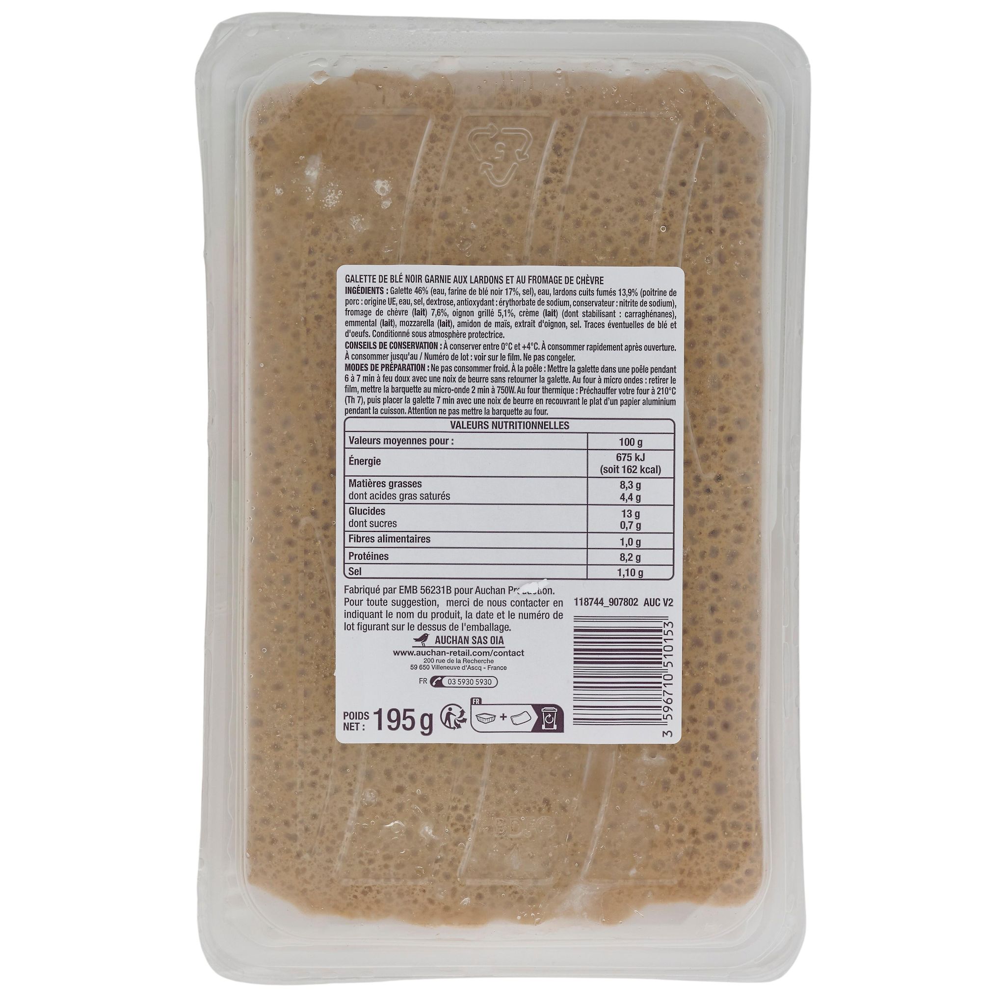 Voir la diapositive 3 : AUCHAN Galette de blé noir au chèvre lardons oignons 1 part 195g