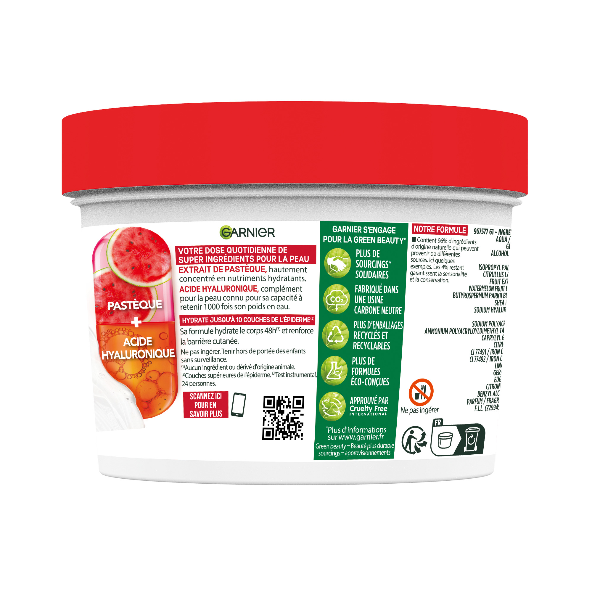 Voir la diapositive 3 : GARNIER Body Superfood Gel crème hydratant 48h à la pastèque peaux déshydratées 380ml