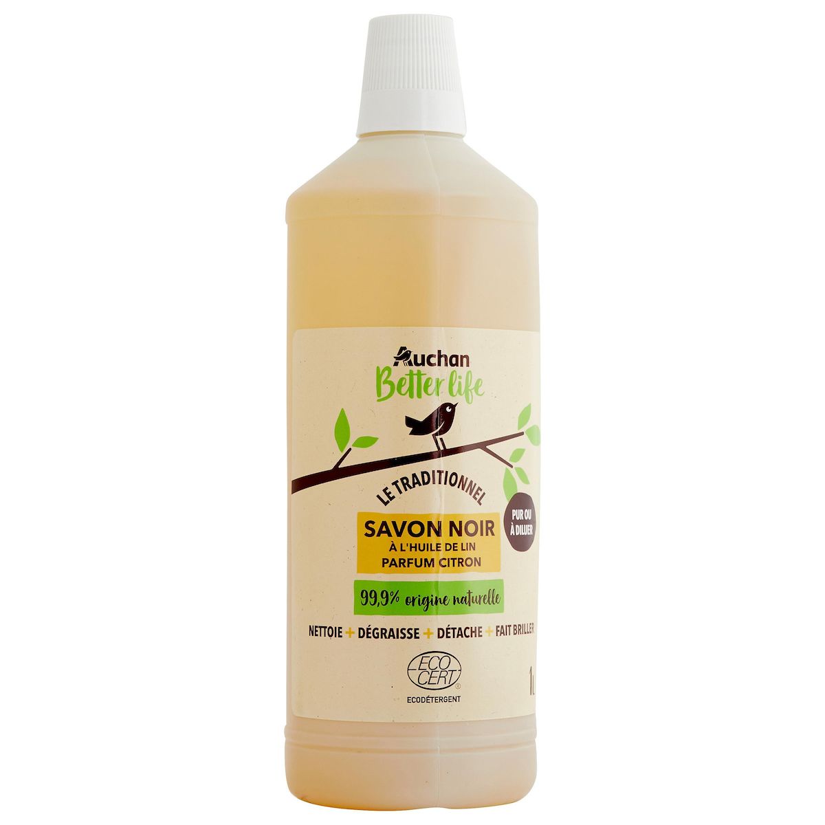 AUCHAN BETTER LIFE Savon noir liquide à l'huile de lin citron 1l