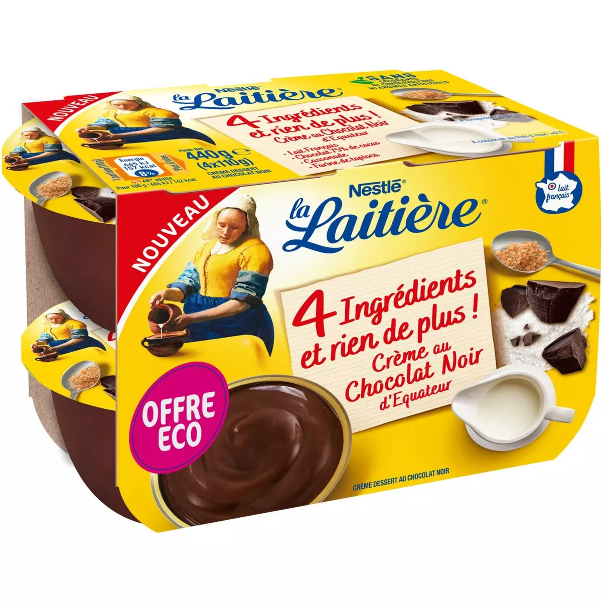 LA LAITIERE Crème 4 ingrédients au chocolat noir d'Equateur 4x110g