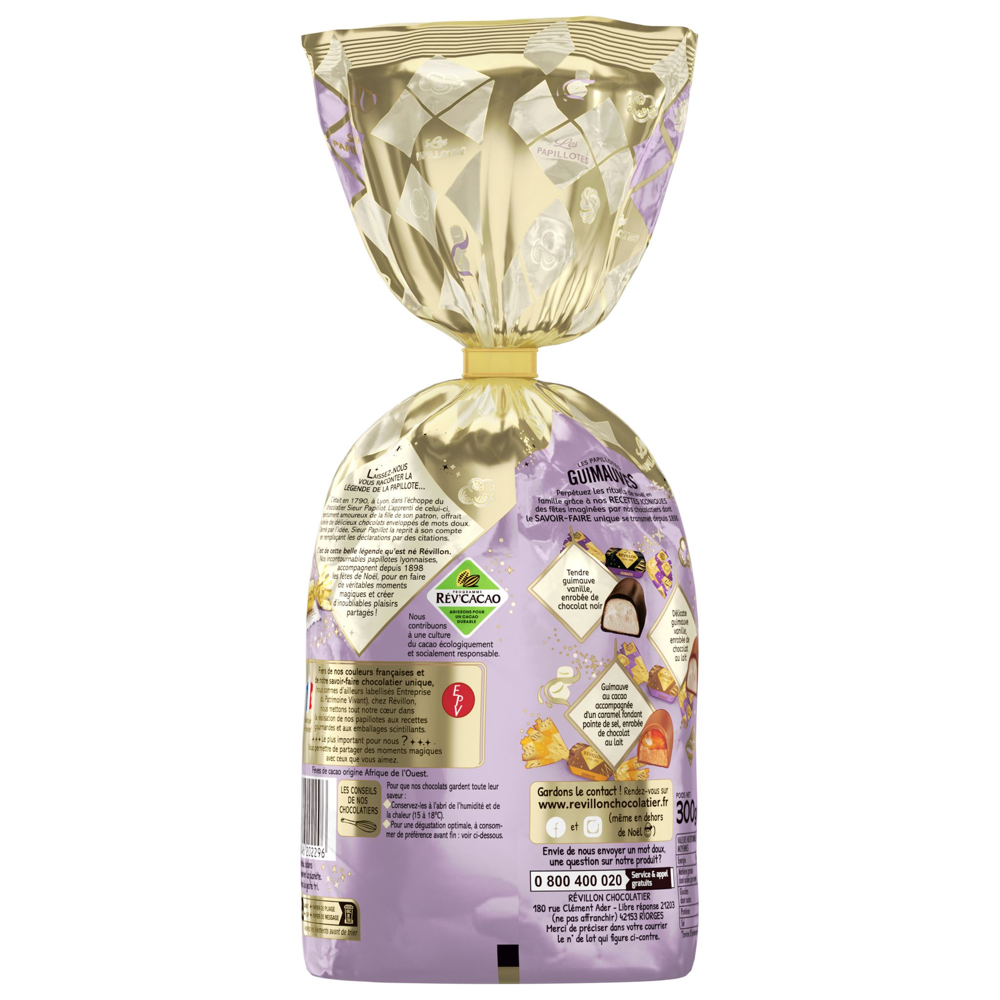 Voir la diapositive 2 : REVILLON CHOCOLATIER Les Papillotes guimauves au chocolat noir et au lait environ 28 pièces 300g