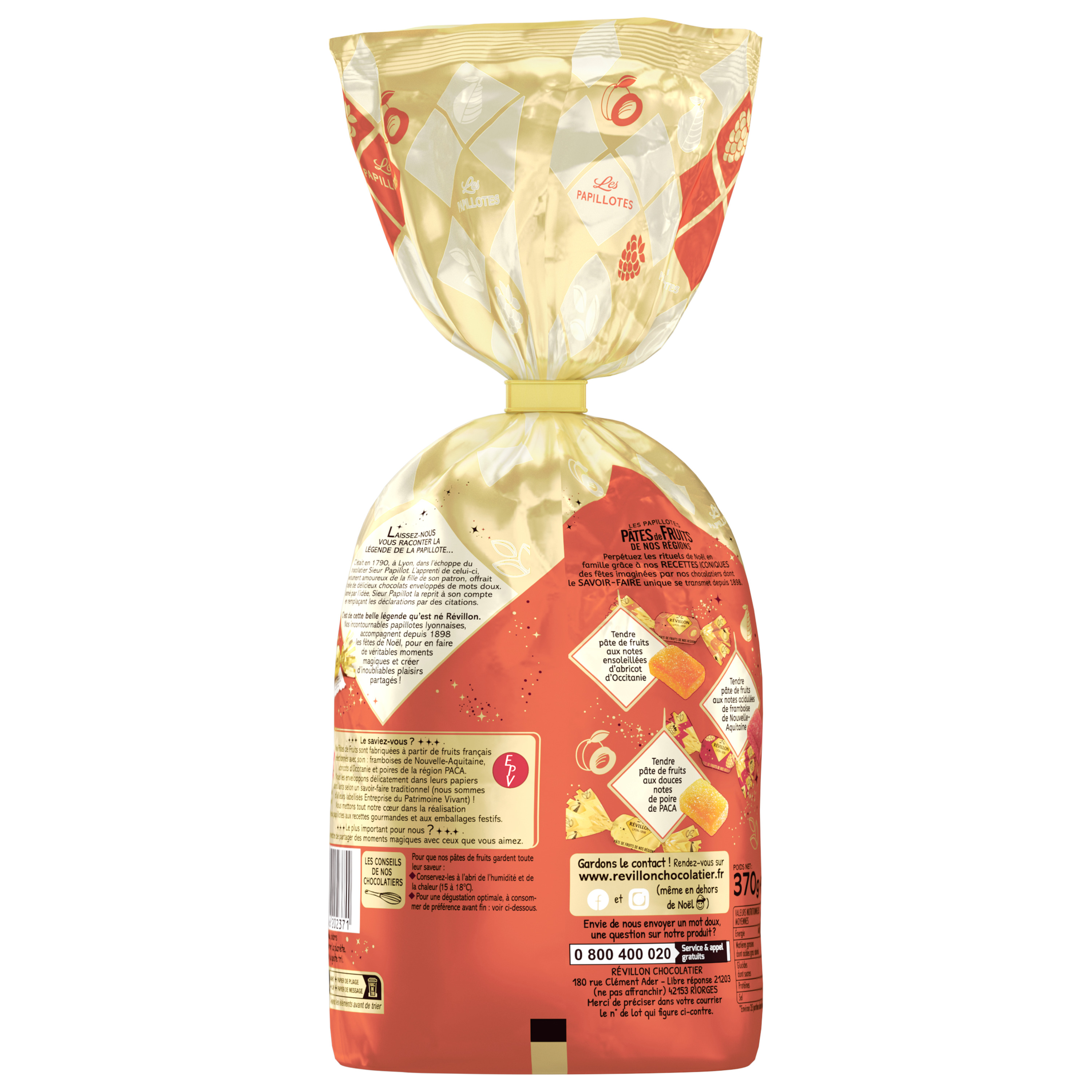 Voir la diapositive 2 : REVILLON CHOCOLATIER Les Papillotes pâtes de fruits de nos régions environ 35 pièces 370g